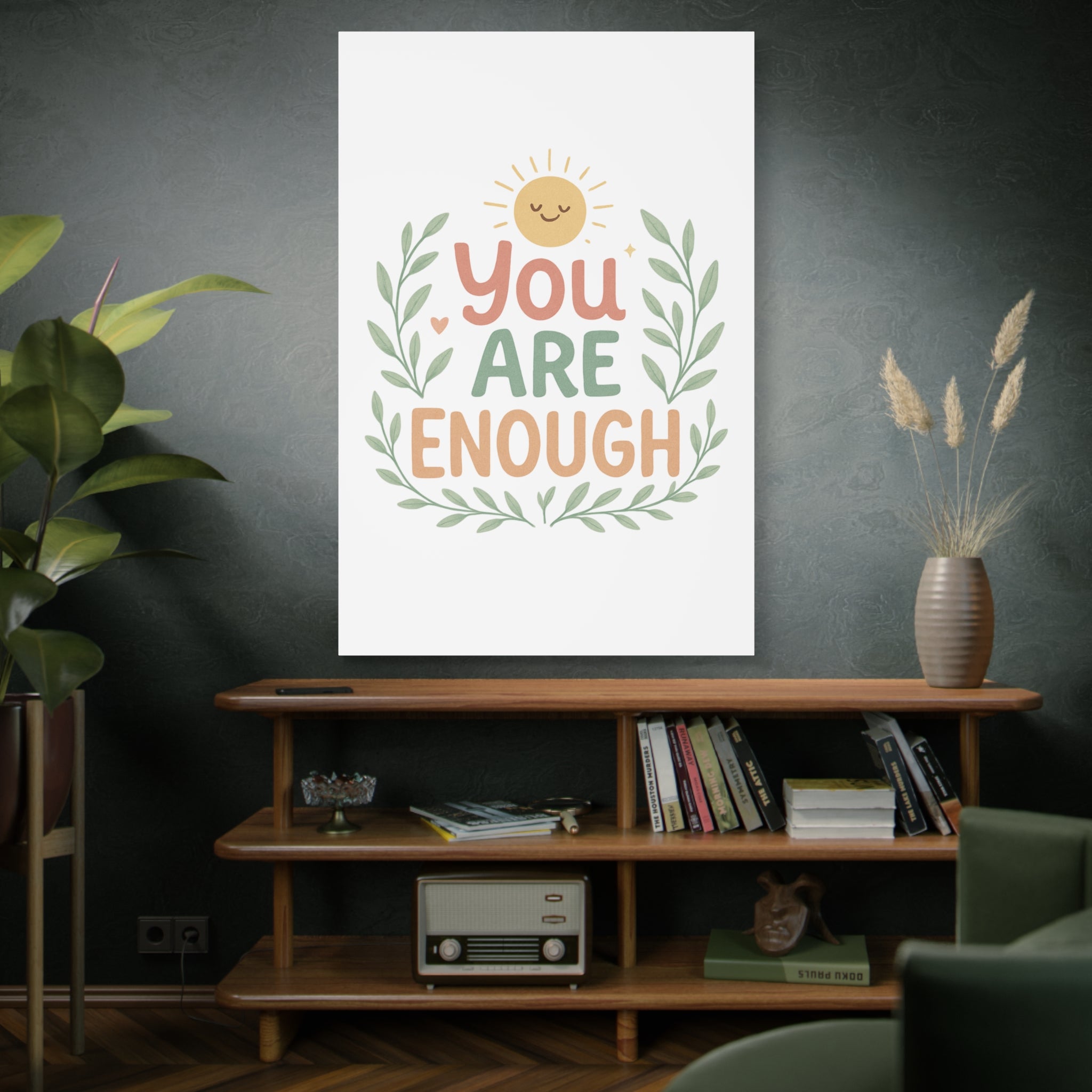 You Are Enough Canvas Wall Art — Positive Motivational Sun & Laurel Print