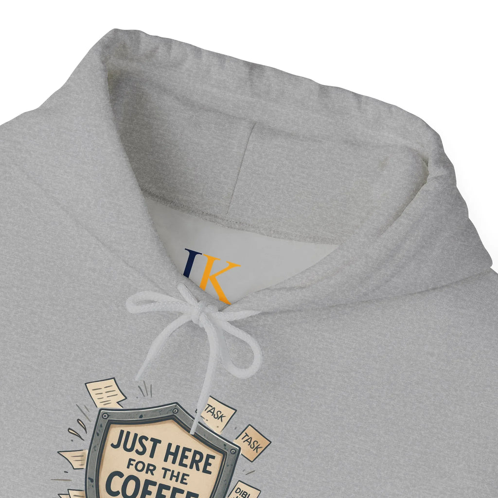 Coffee Lover Hoodie – “Just Here for the Coffee” Vintage Badge Pullover - JK Kreatives