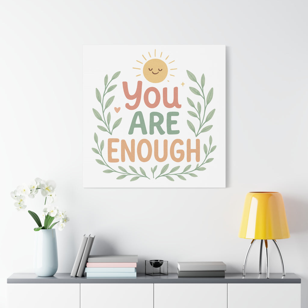 You Are Enough Canvas Wall Art — Positive Motivational Sun & Laurel Print