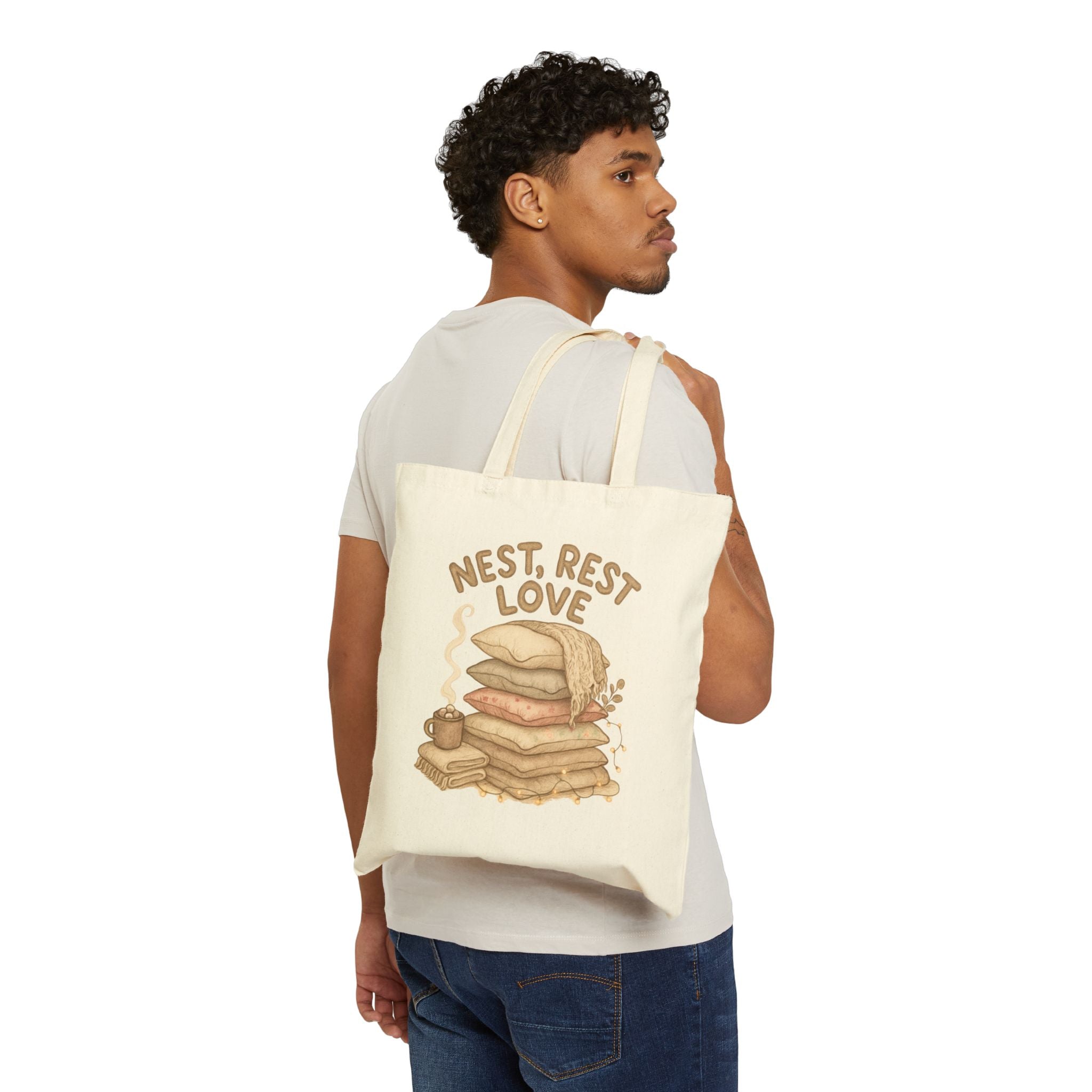 Cotton Tote Bag - Nest Rest Love Cozy Pillow Stack Eco