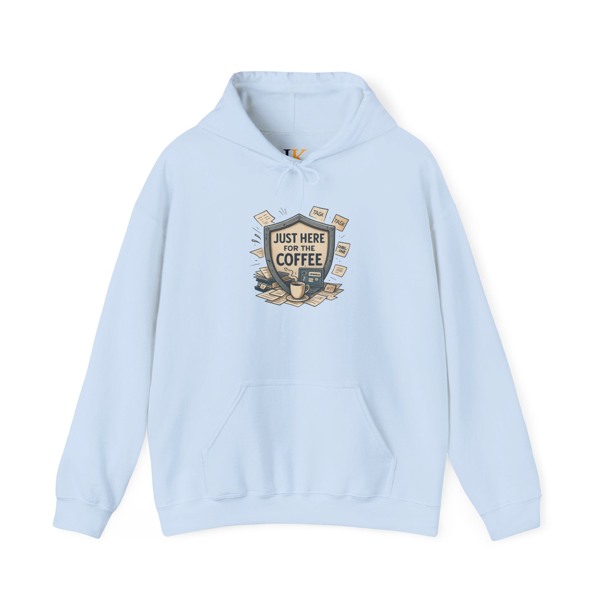 Coffee Lover Hoodie – “Just Here for the Coffee” Vintage Badge Pullover