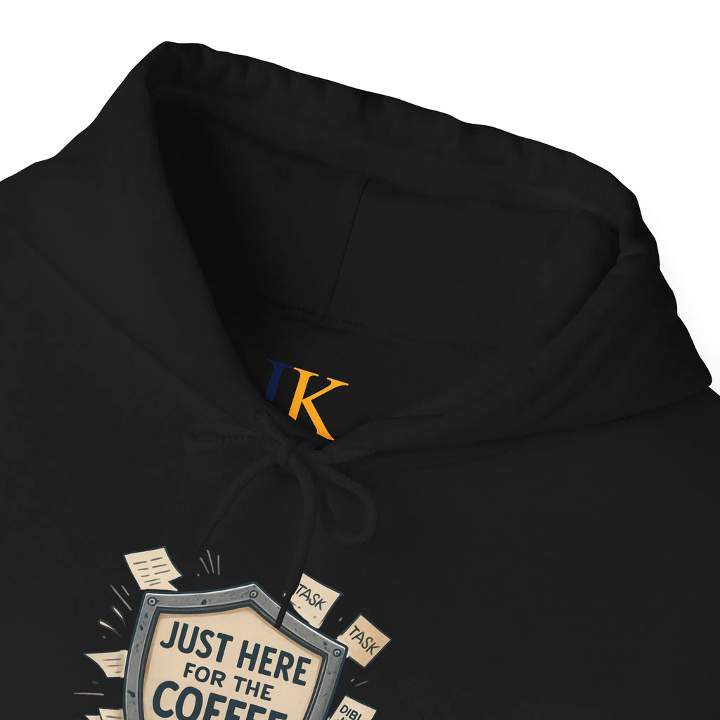Coffee Lover Hoodie – “Just Here for the Coffee” Vintage Badge Pullover - JK Kreatives