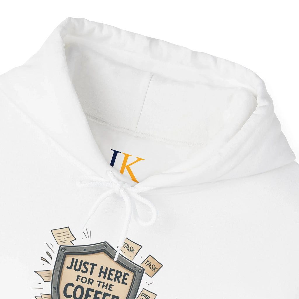 Coffee Lover Hoodie – “Just Here for the Coffee” Vintage Badge Pullover - JK Kreatives