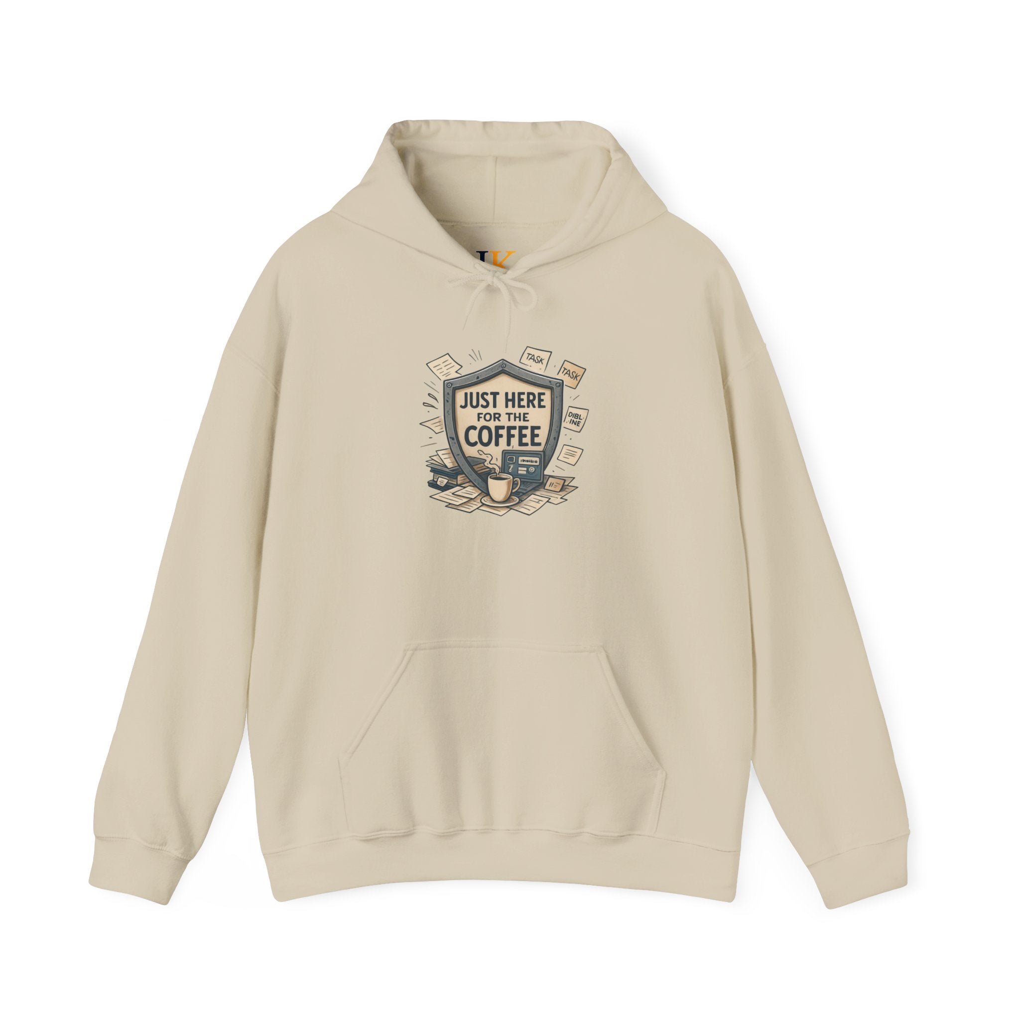 Coffee Lover Hoodie – “Just Here for the Coffee” Vintage Badge Pullover