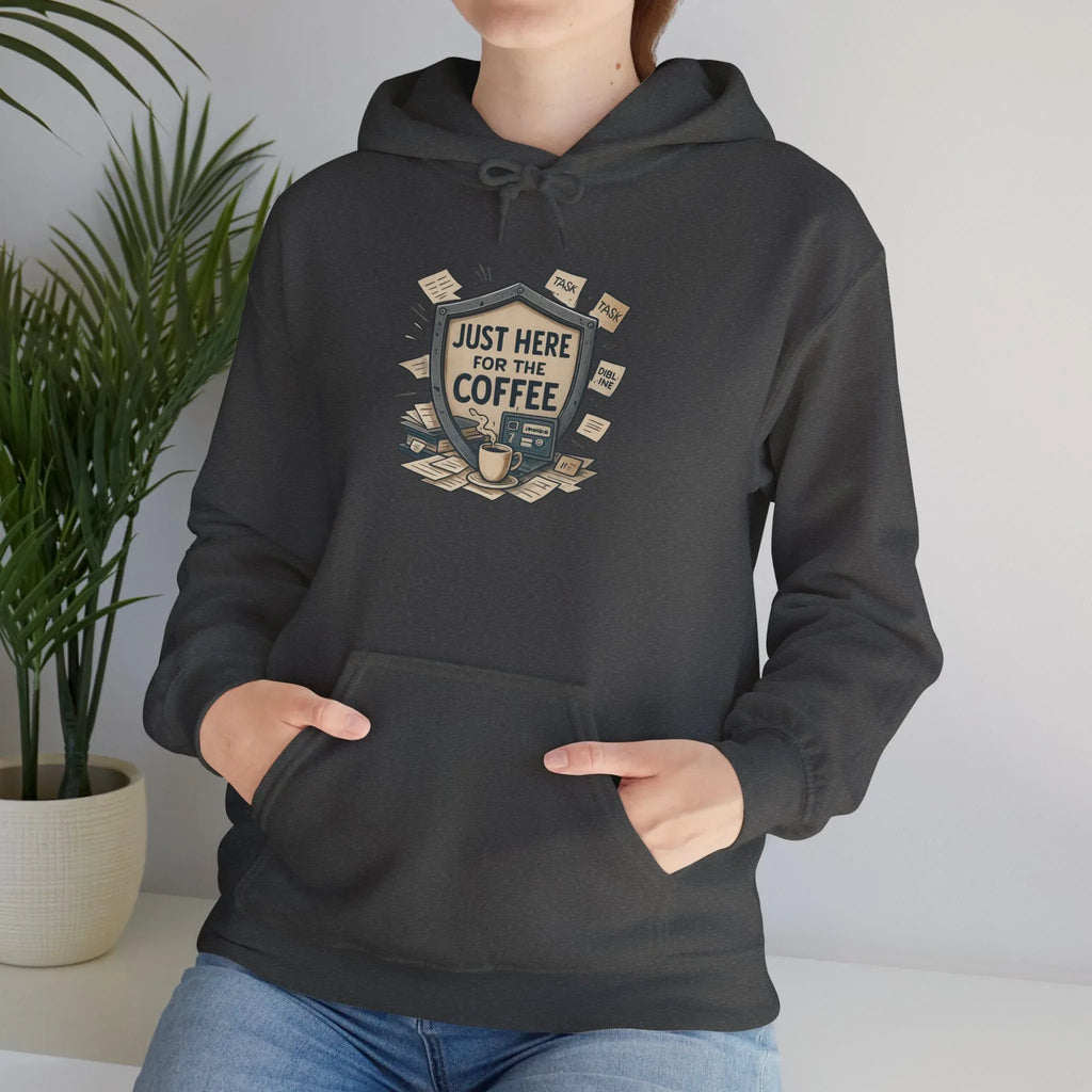 Coffee Lover Hoodie – “Just Here for the Coffee” Vintage Badge Pullover - JK Kreatives