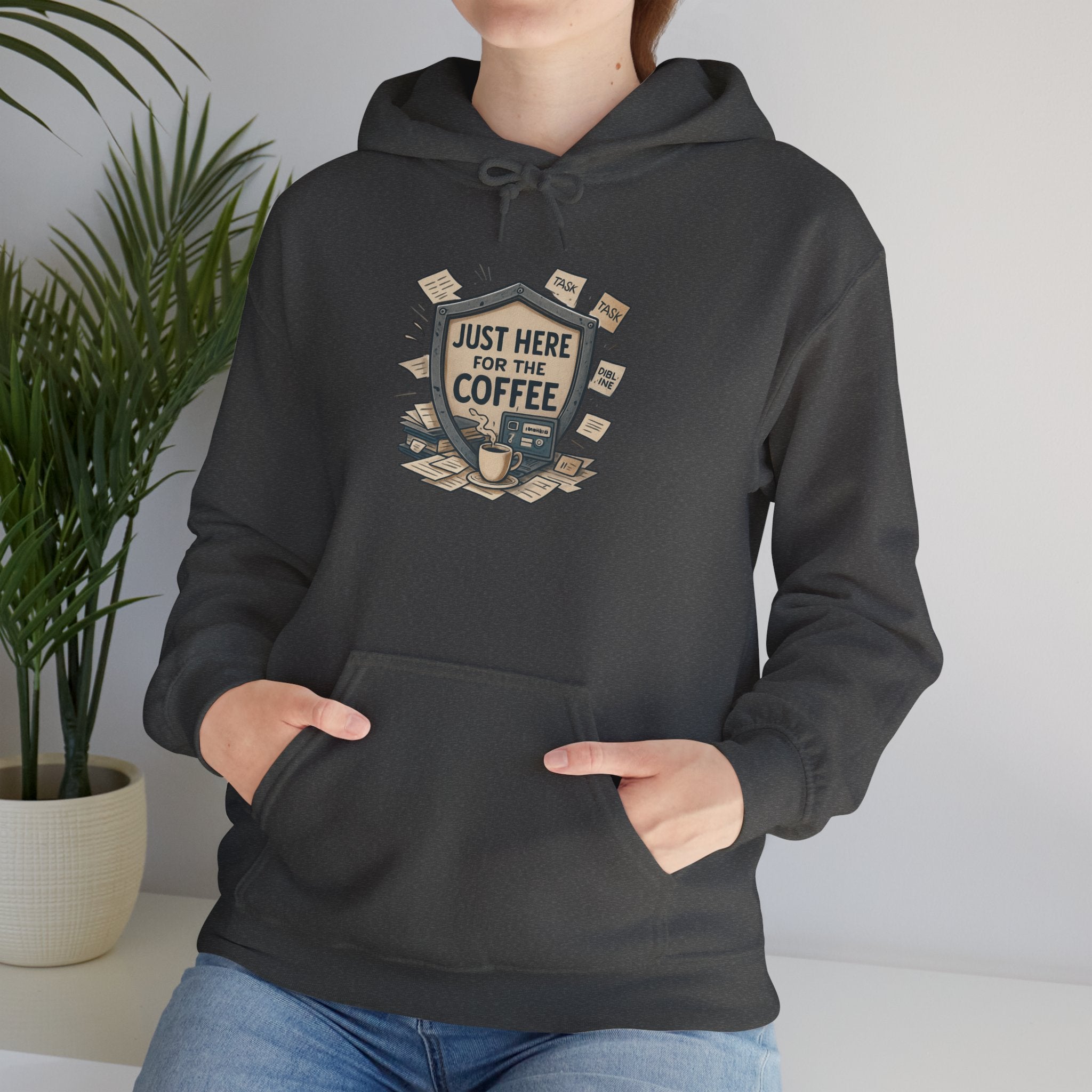 Coffee Lover Hoodie – “Just Here for the Coffee” Vintage Badge Pullover