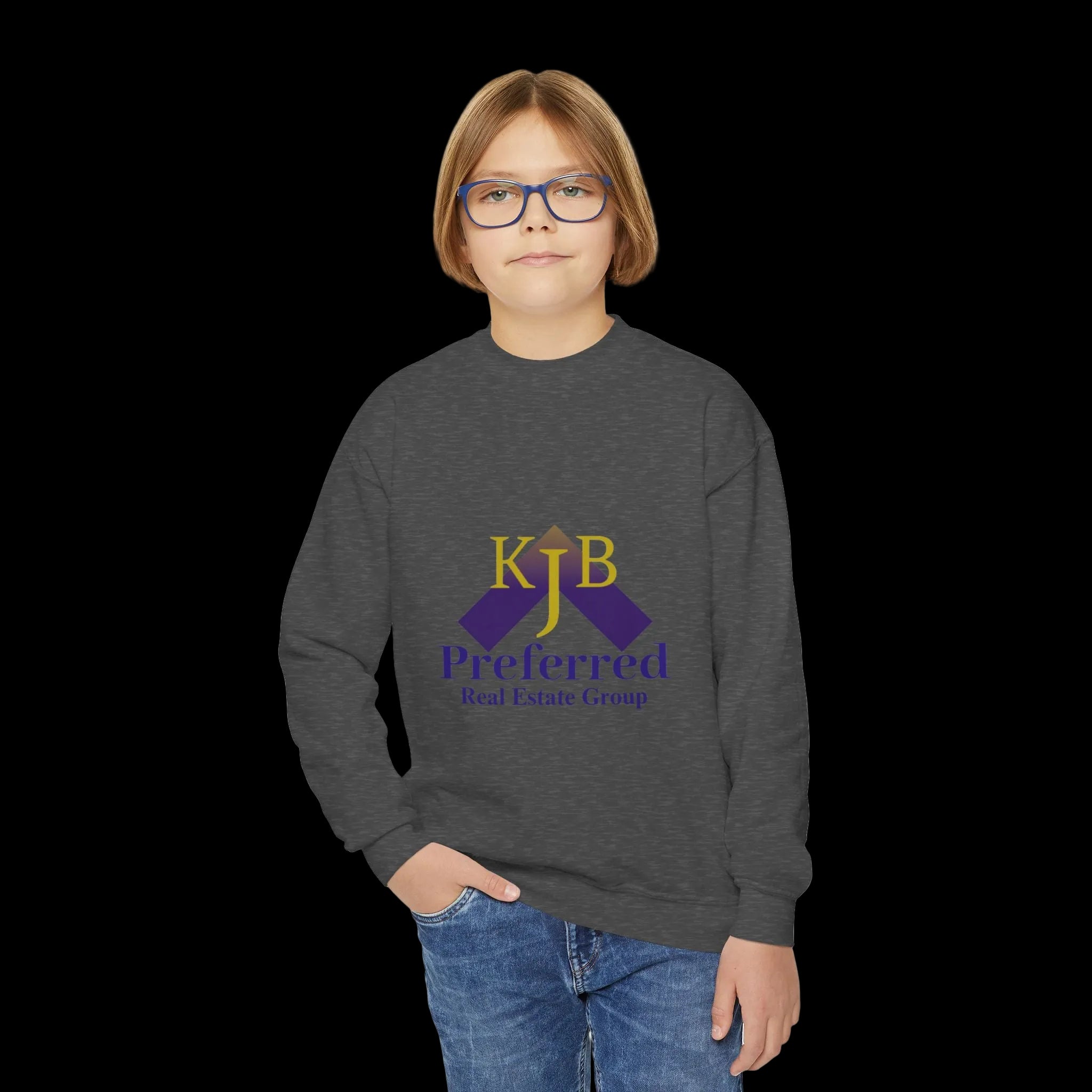 Child wearing a dark gray sweatshirt with KJB Preferred Real Estate Group logo on a white background