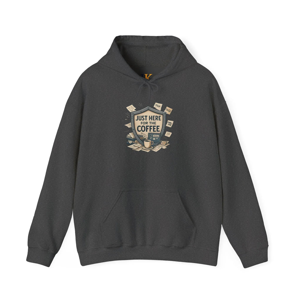 Coffee Lover Hoodie – “Just Here for the Coffee” Vintage Badge Pullover - JK Kreatives