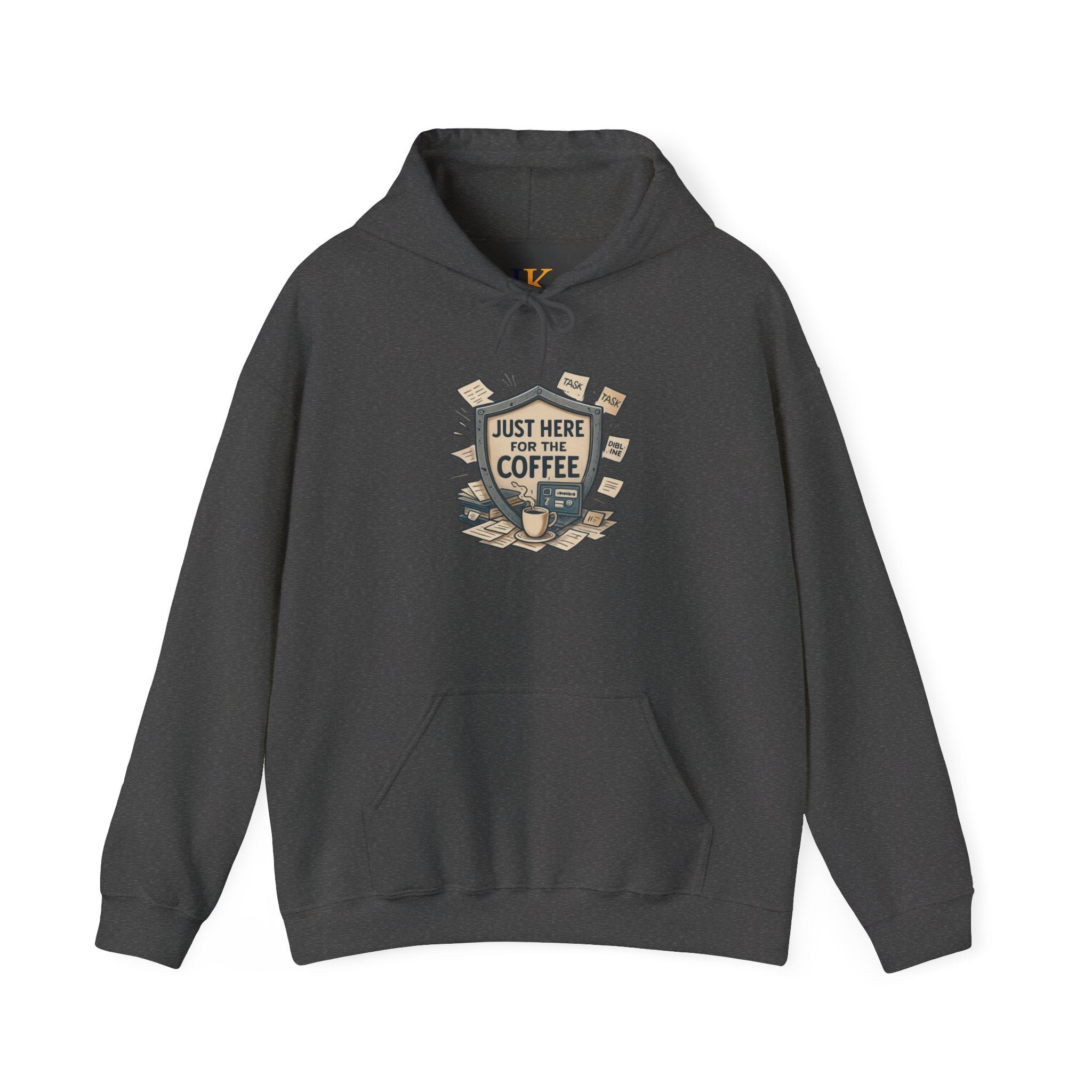 Coffee Lover Hoodie – “Just Here for the Coffee” Vintage Badge Pullover