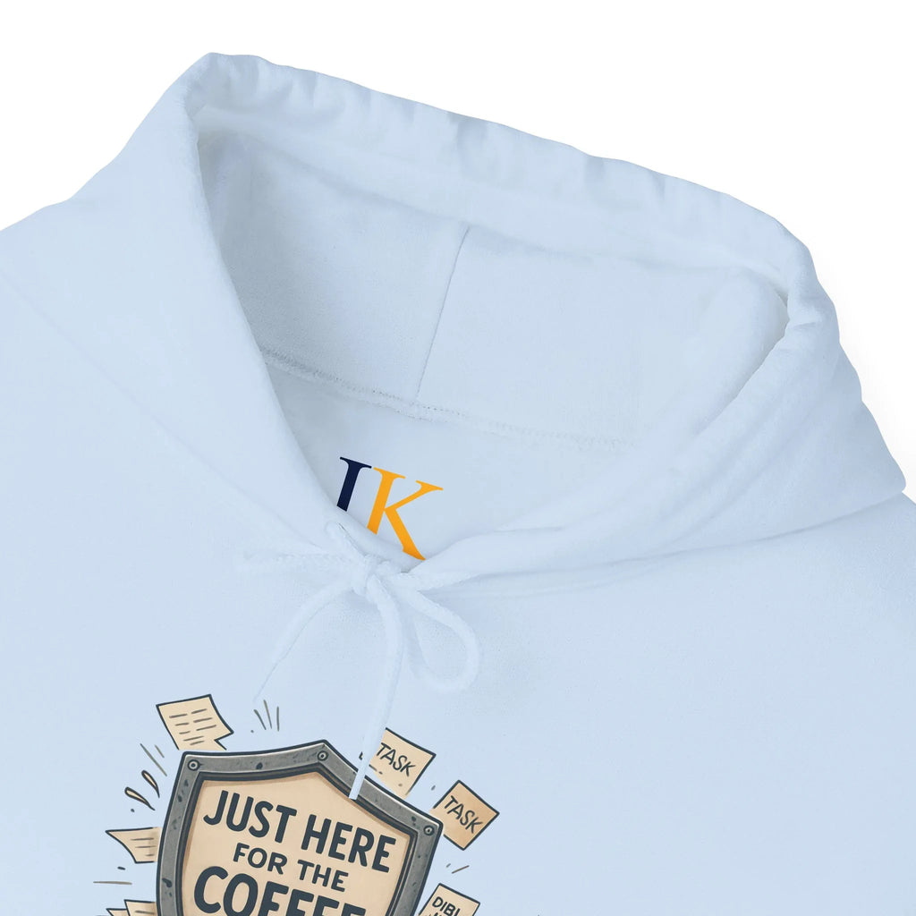 Coffee Lover Hoodie – “Just Here for the Coffee” Vintage Badge Pullover - JK Kreatives