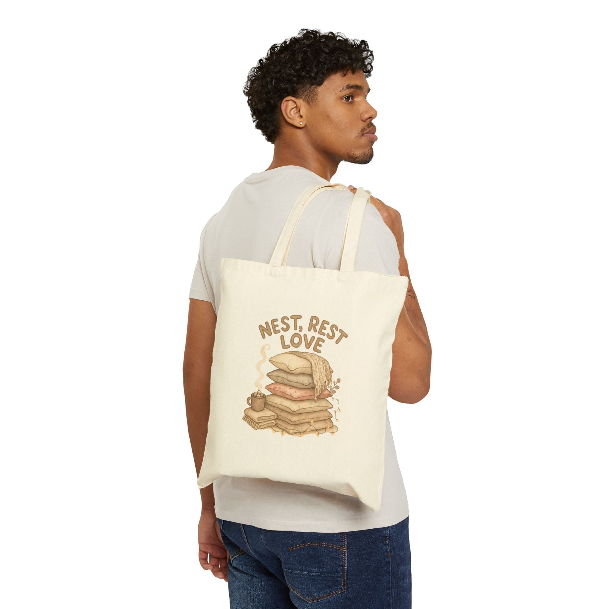 Cotton Tote Bag - Nest Rest Love Cozy Pillow Stack Eco