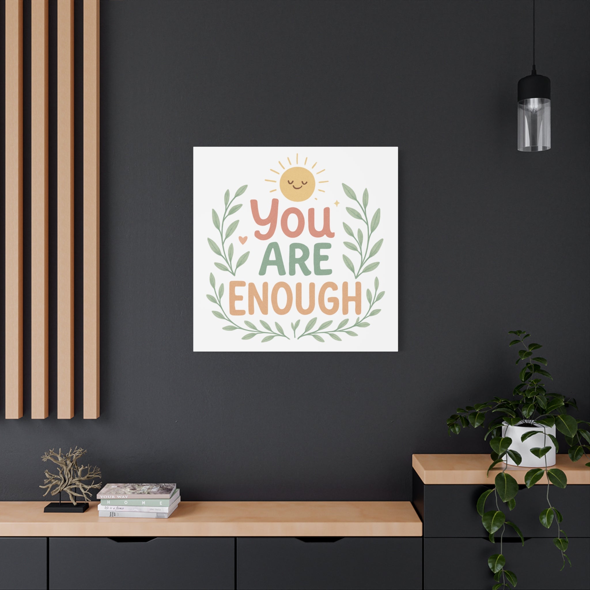 You Are Enough Canvas Wall Art — Positive Motivational Sun & Laurel Print