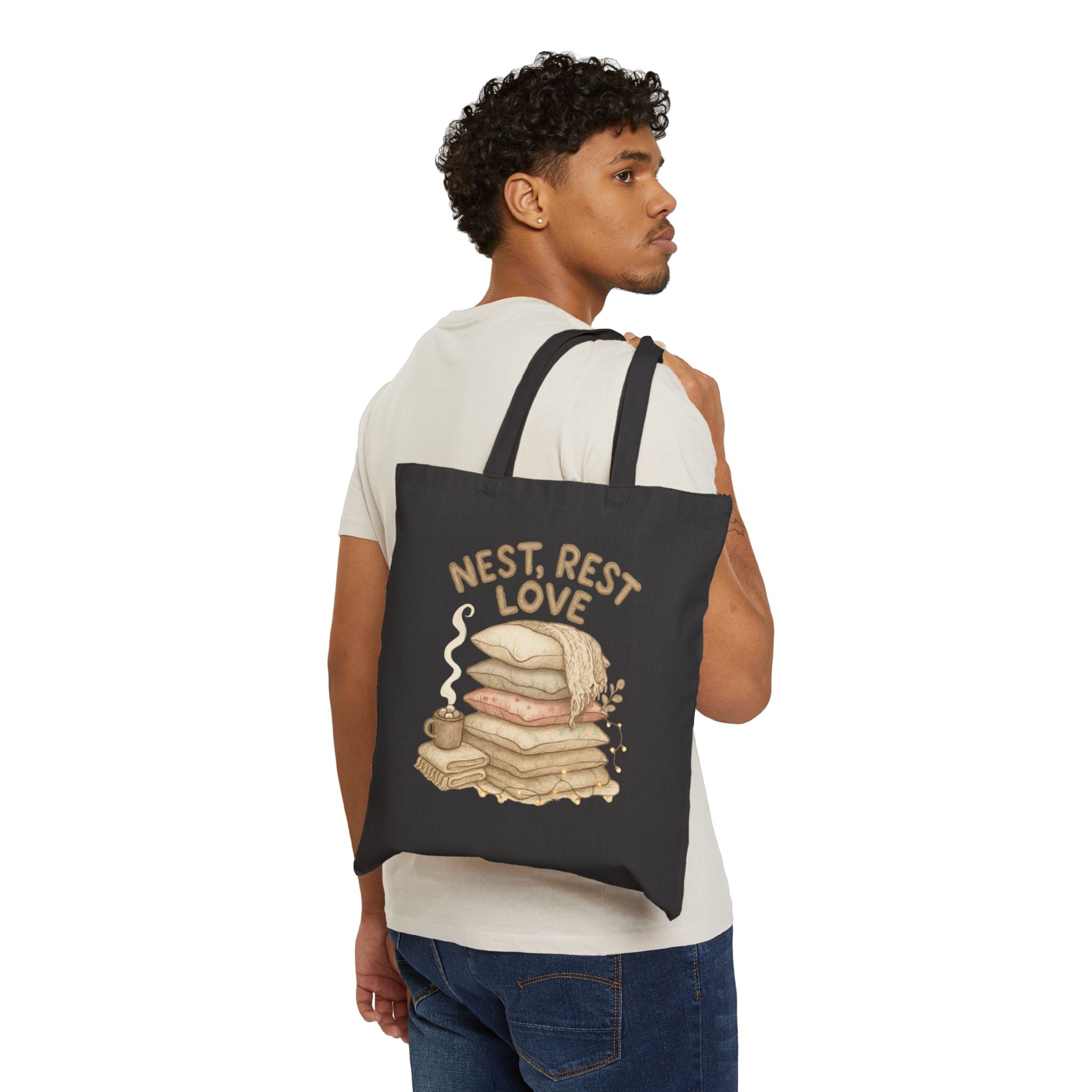 Cotton Tote Bag - Nest Rest Love Cozy Pillow Stack Eco
