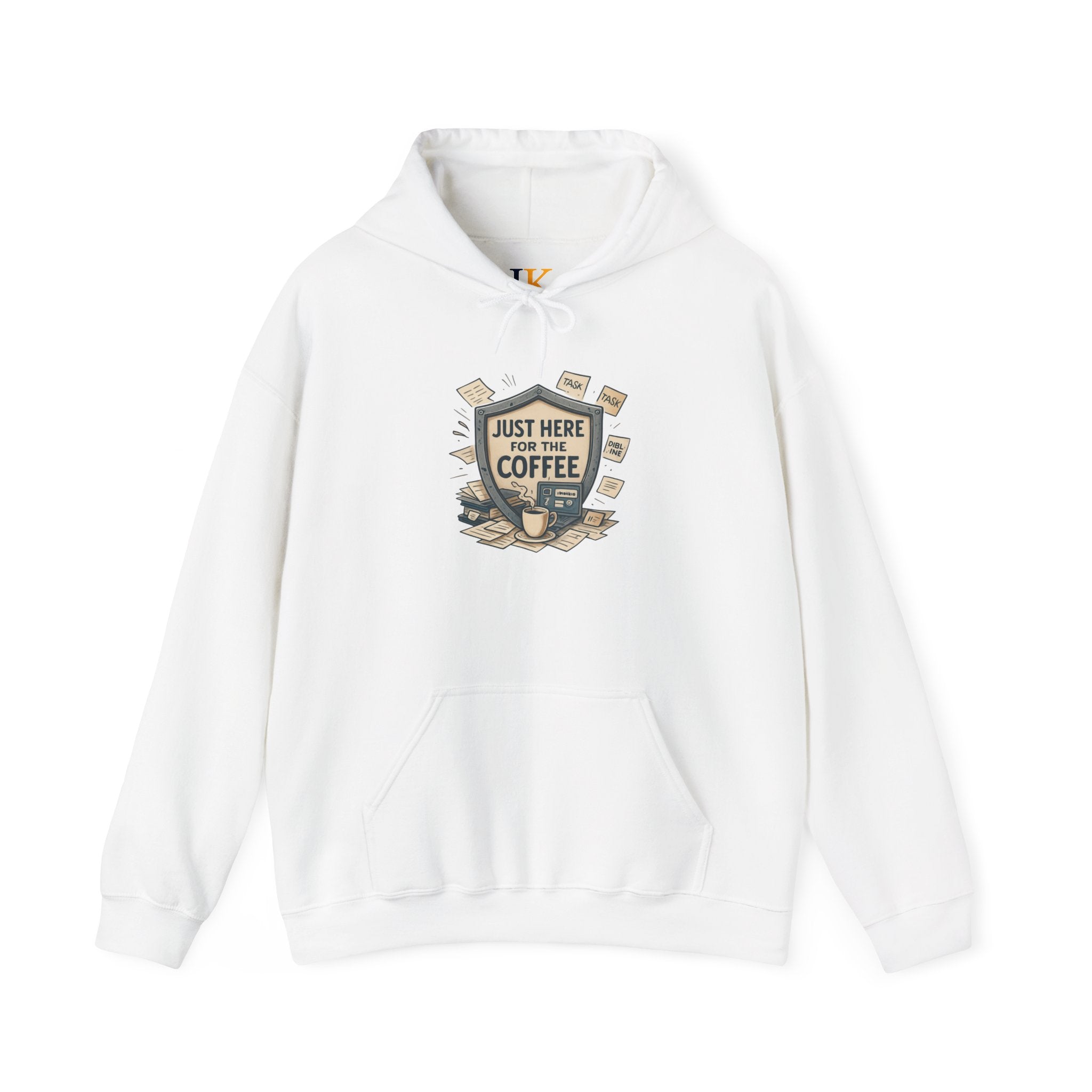 Coffee Lover Hoodie – “Just Here for the Coffee” Vintage Badge Pullover