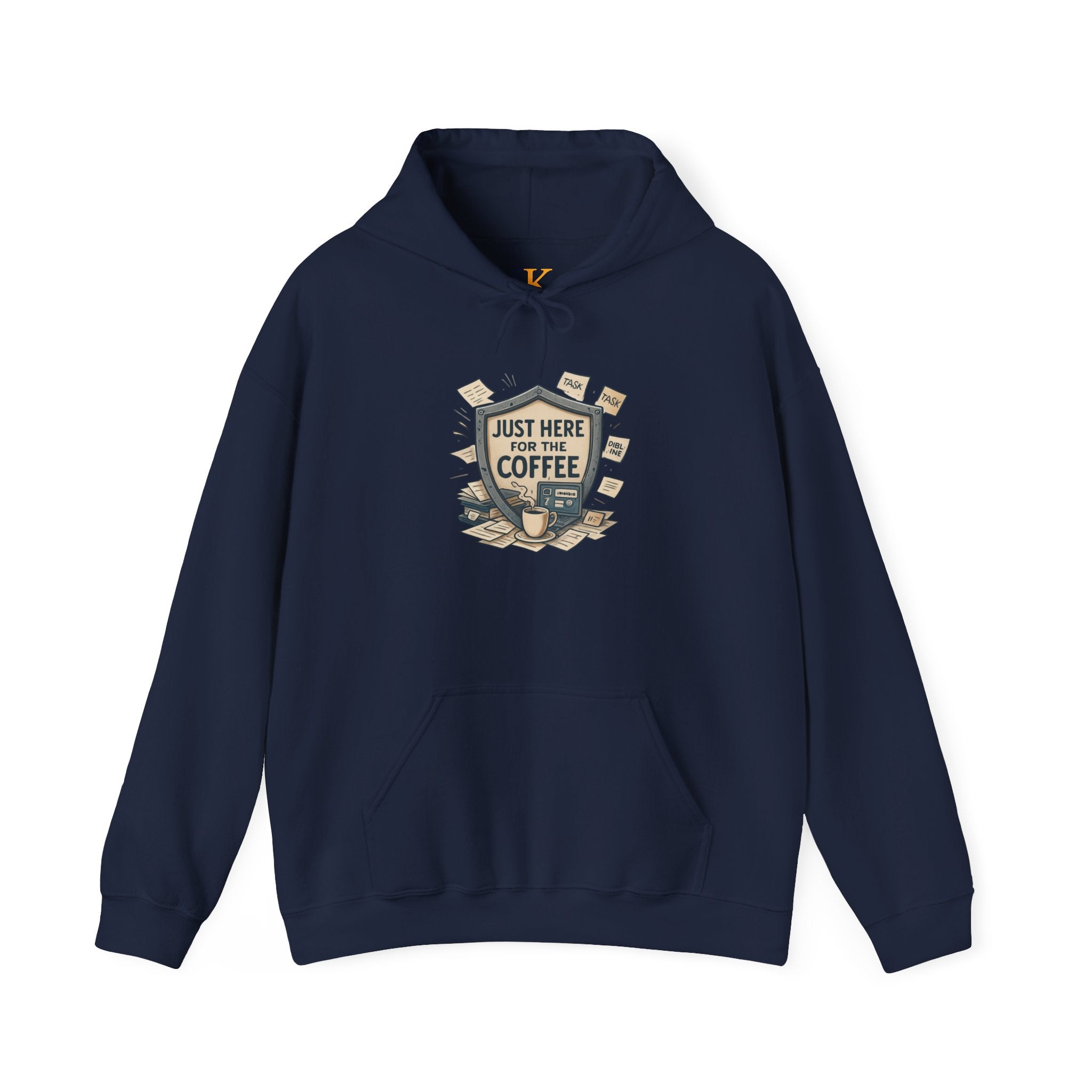 Coffee Lover Hoodie – “Just Here for the Coffee” Vintage Badge Pullover