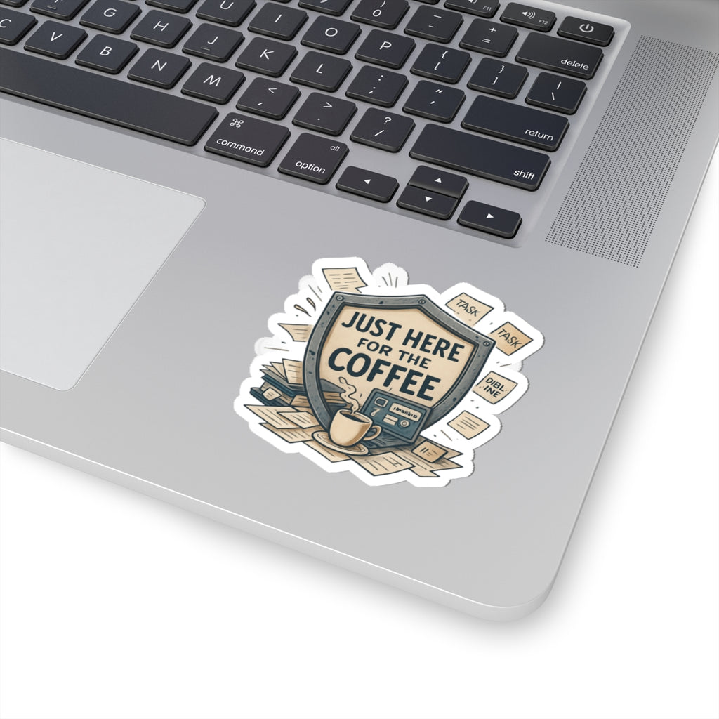 Just Here for the Coffee Kiss-Cut Sticker — Retro Coffee Badge Laptop Decal