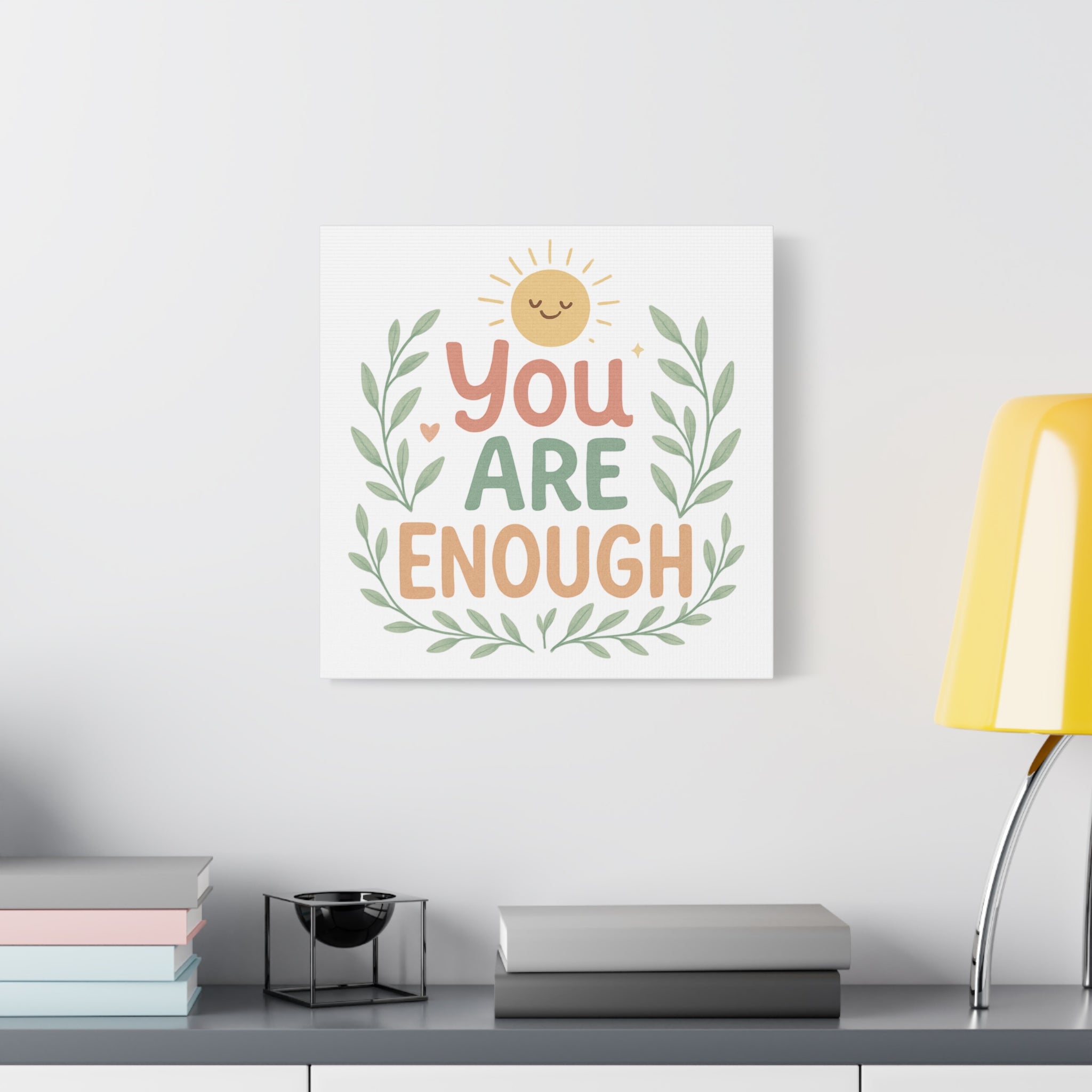 You Are Enough Canvas Wall Art — Positive Motivational Sun & Laurel Print