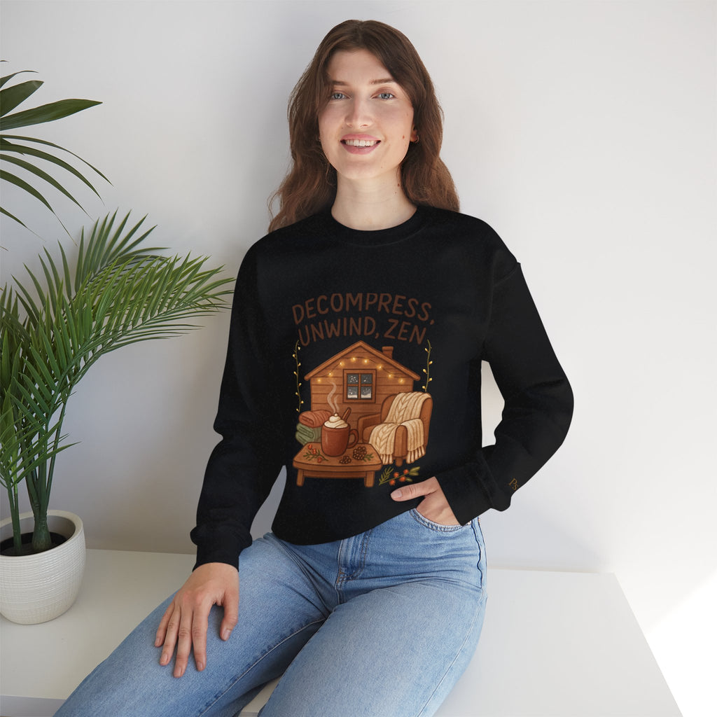 Decompress Unwind Zen Sweatshirt — Cozy Cabin Relaxation Crewneck
