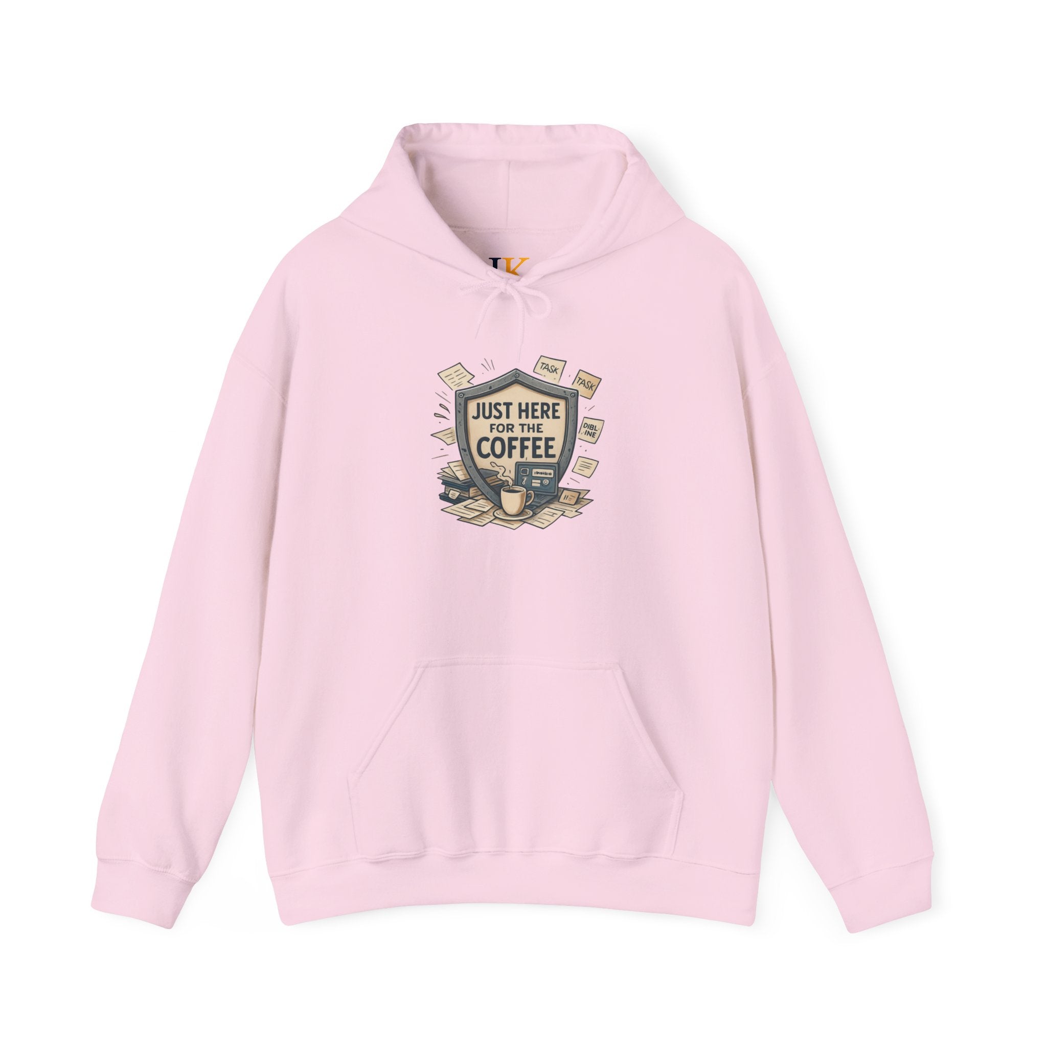 Coffee Lover Hoodie – “Just Here for the Coffee” Vintage Badge Pullover