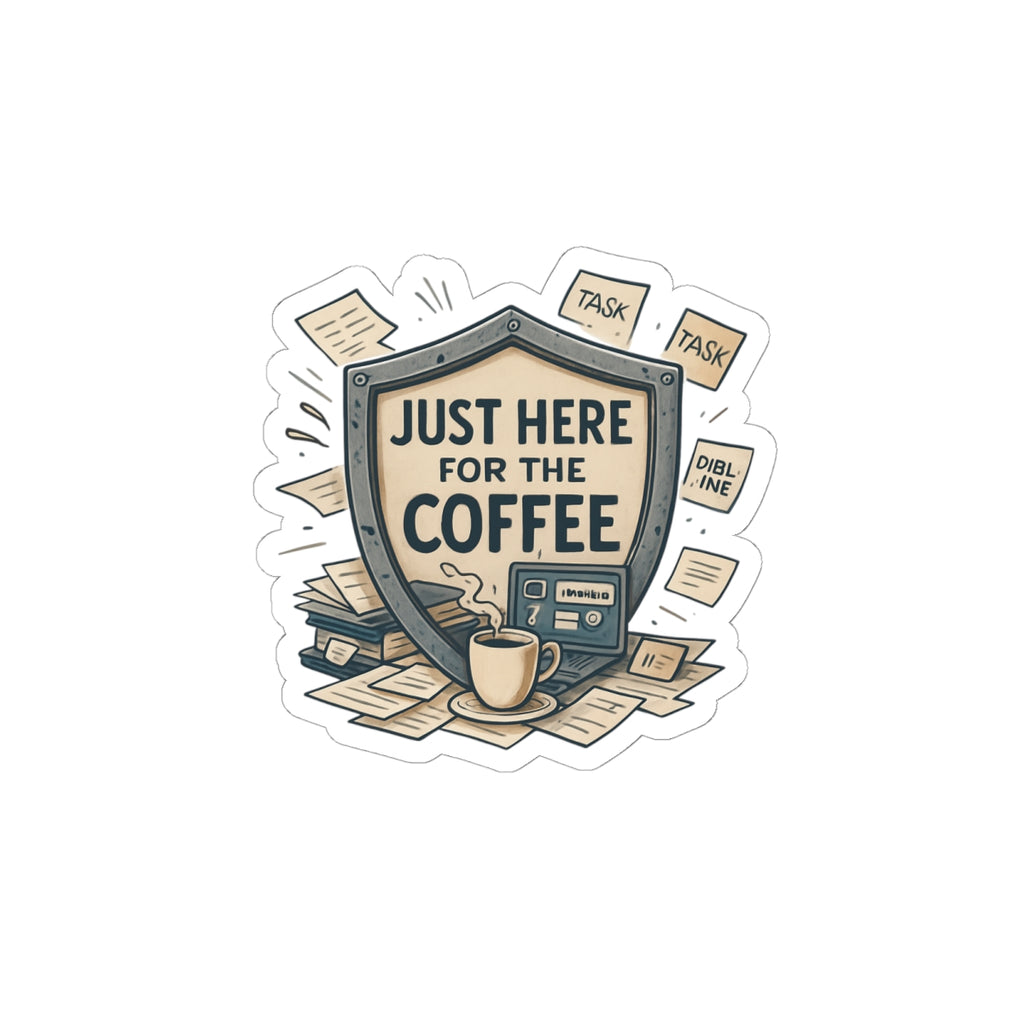 Just Here for the Coffee Kiss-Cut Sticker — Retro Coffee Badge Laptop Decal