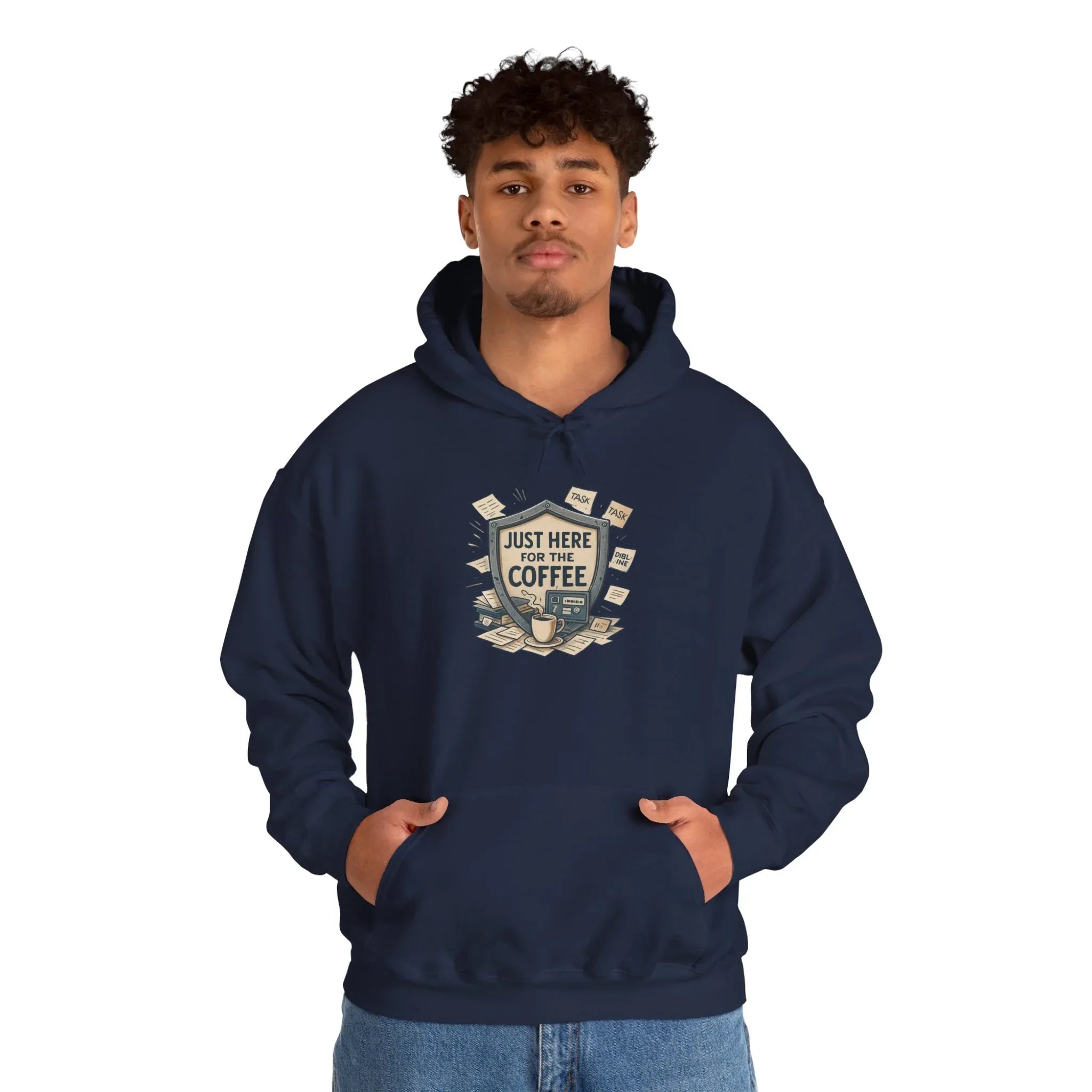 Coffee Lover Hoodie – “Just Here for the Coffee” Vintage Badge Pullover - JK Kreatives