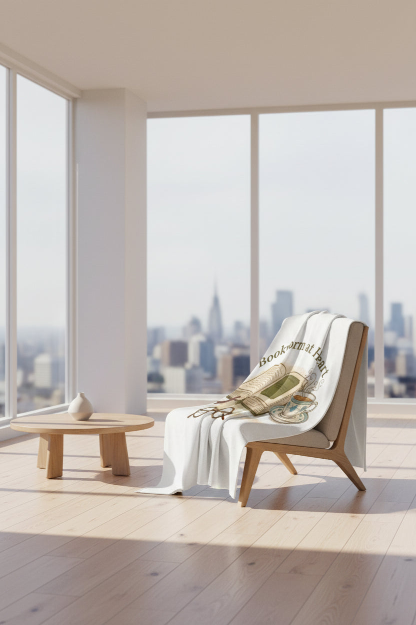 Tea towel with an illustration of an open book, a cup of tea, and glasses, with 'Bookworm at Heart' text.