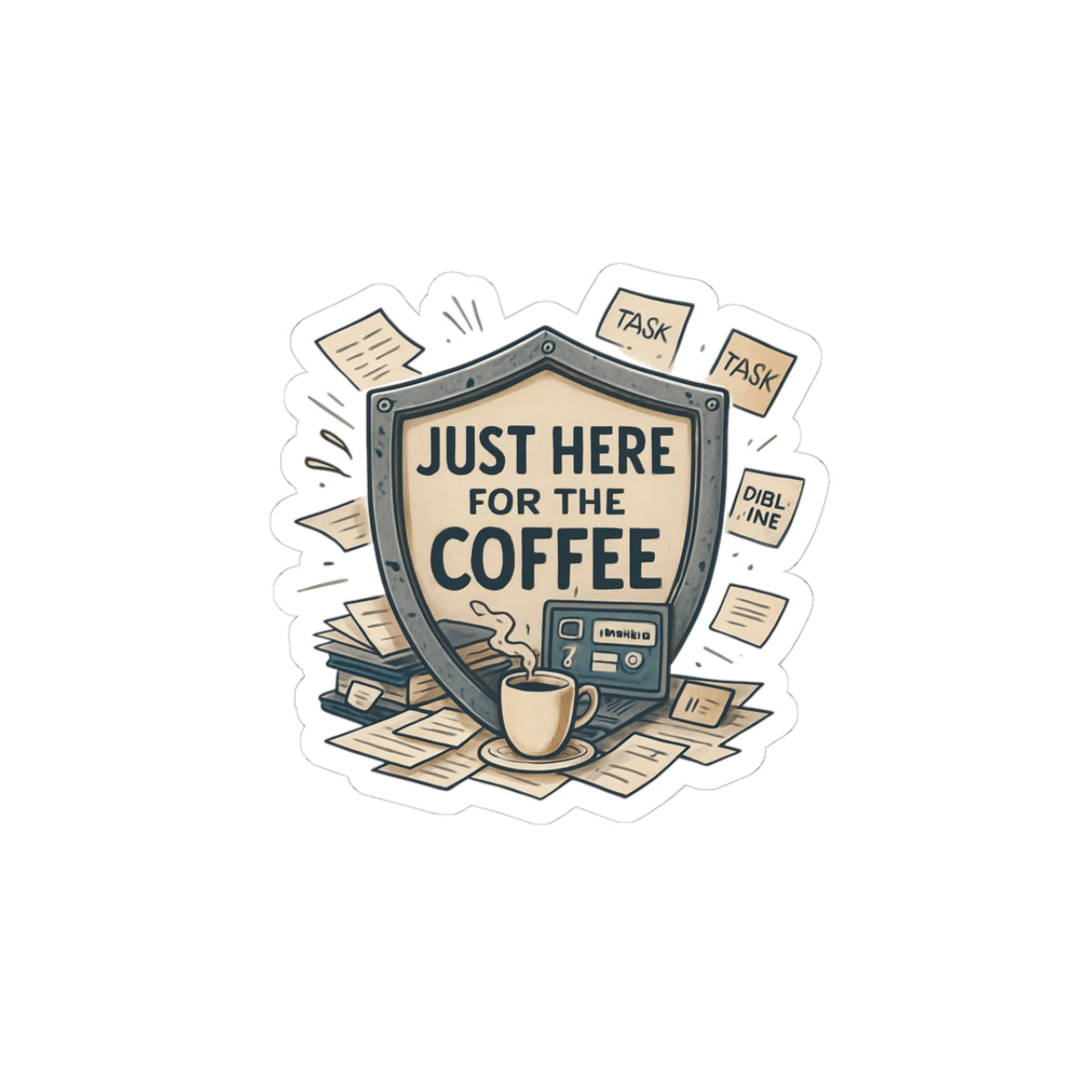 Just Here for the Coffee Kiss-Cut Sticker — Retro Coffee Badge Laptop Decal