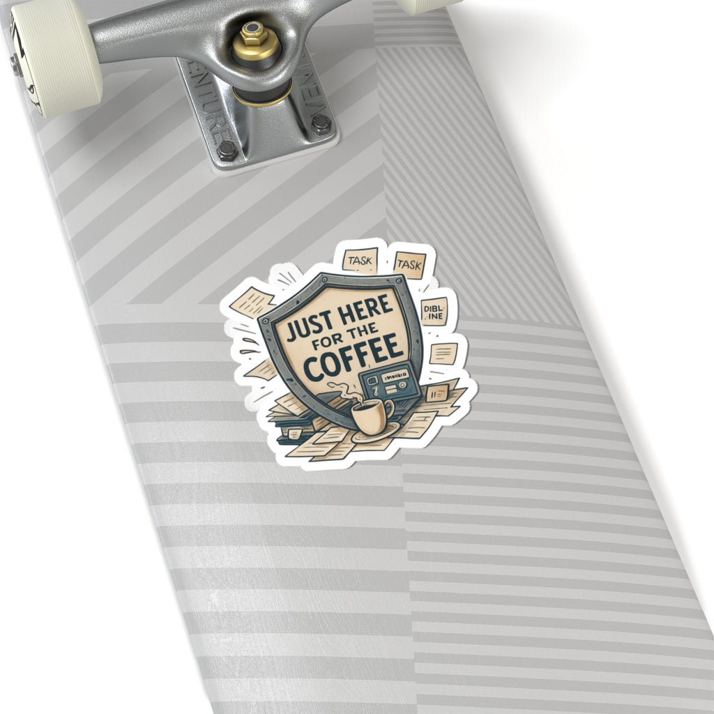 Just Here for the Coffee Kiss-Cut Sticker — Retro Coffee Badge Laptop Decal
