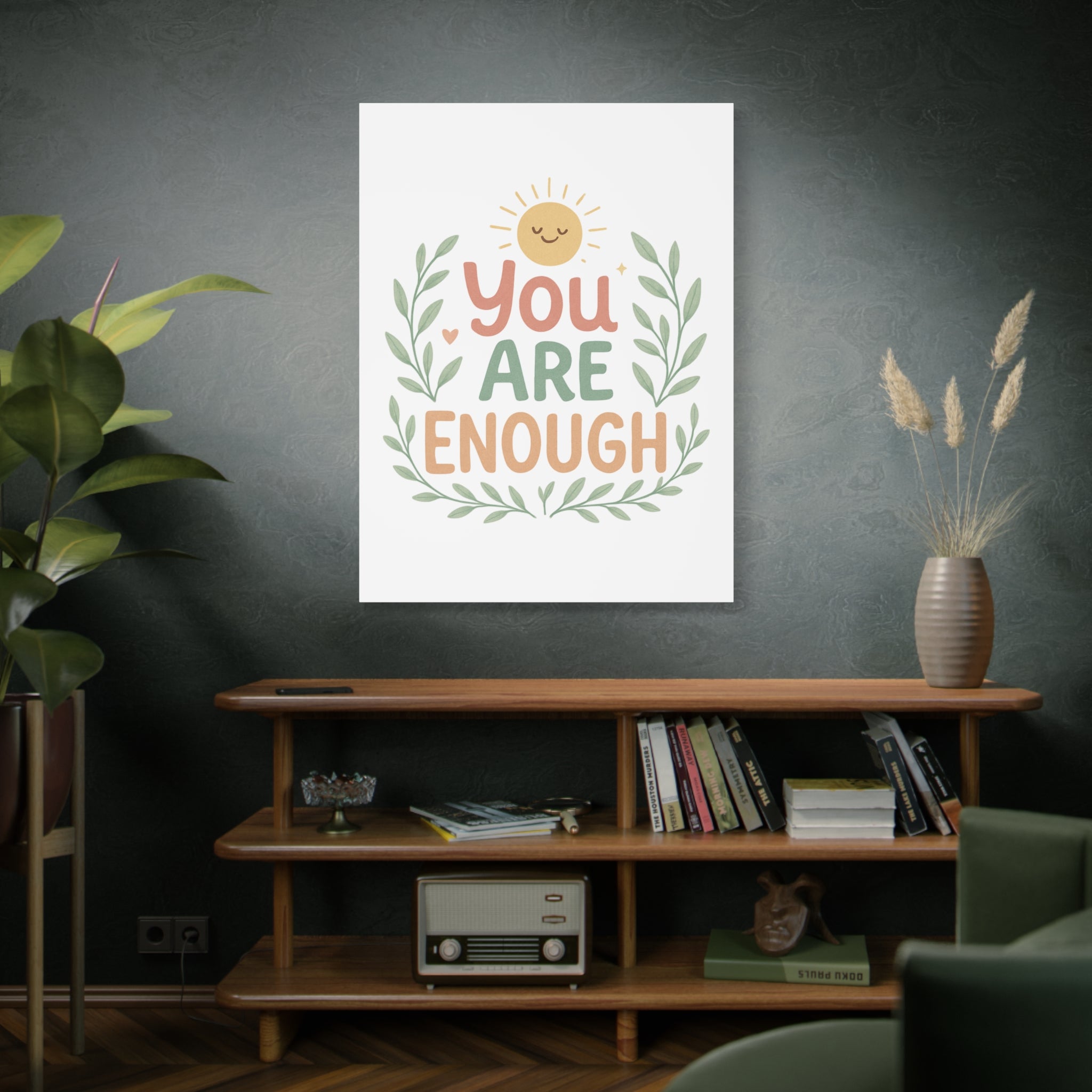 You Are Enough Canvas Wall Art — Positive Motivational Sun & Laurel Print