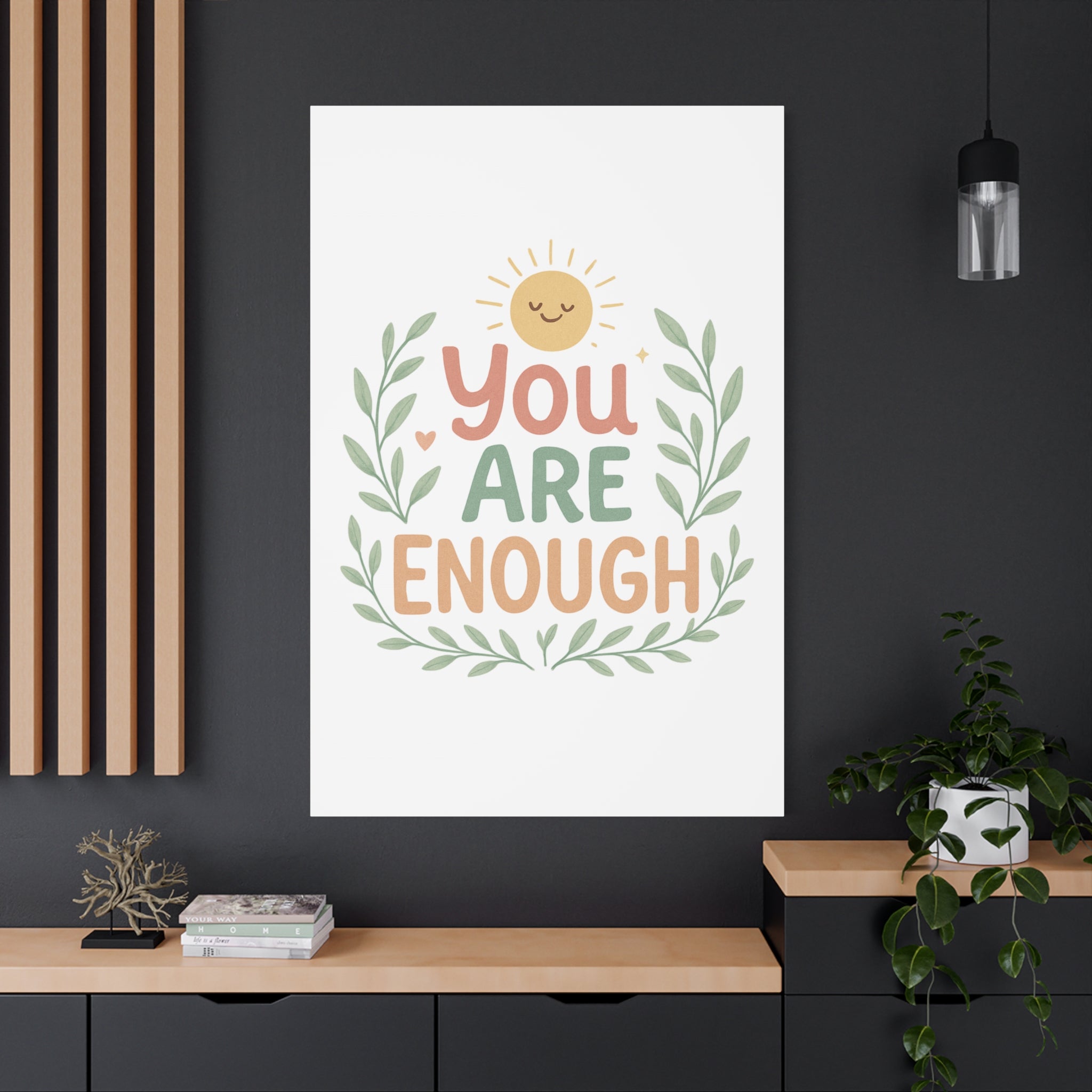 You Are Enough Canvas Wall Art — Positive Motivational Sun & Laurel Print