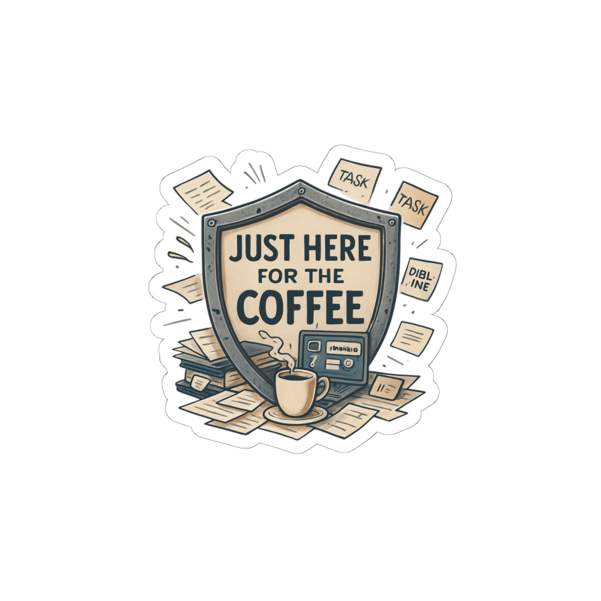 Just Here for the Coffee Kiss-Cut Sticker — Retro Coffee Badge Laptop Decal