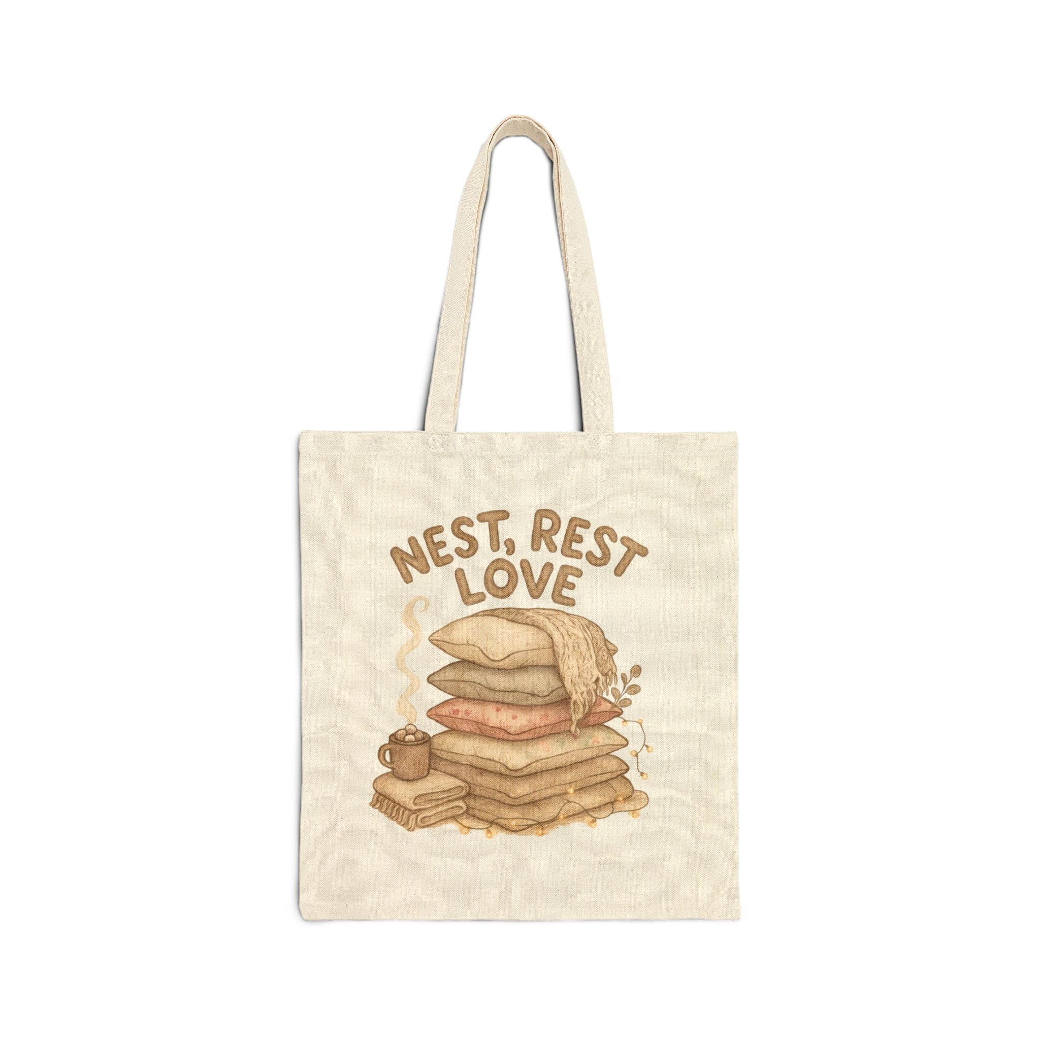 Cotton Tote Bag - Nest Rest Love Cozy Pillow Stack Eco