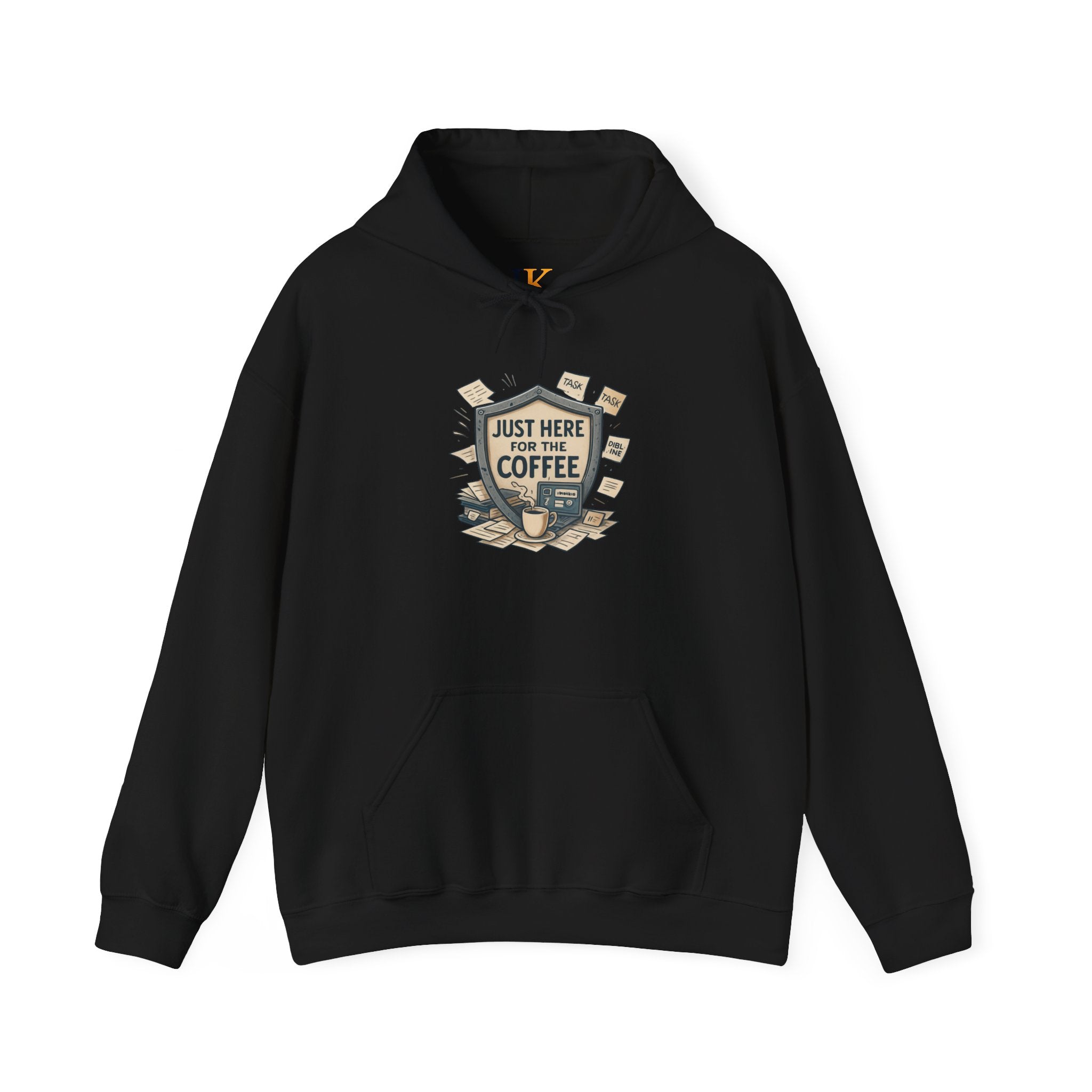 Coffee Lover Hoodie – “Just Here for the Coffee” Vintage Badge Pullover