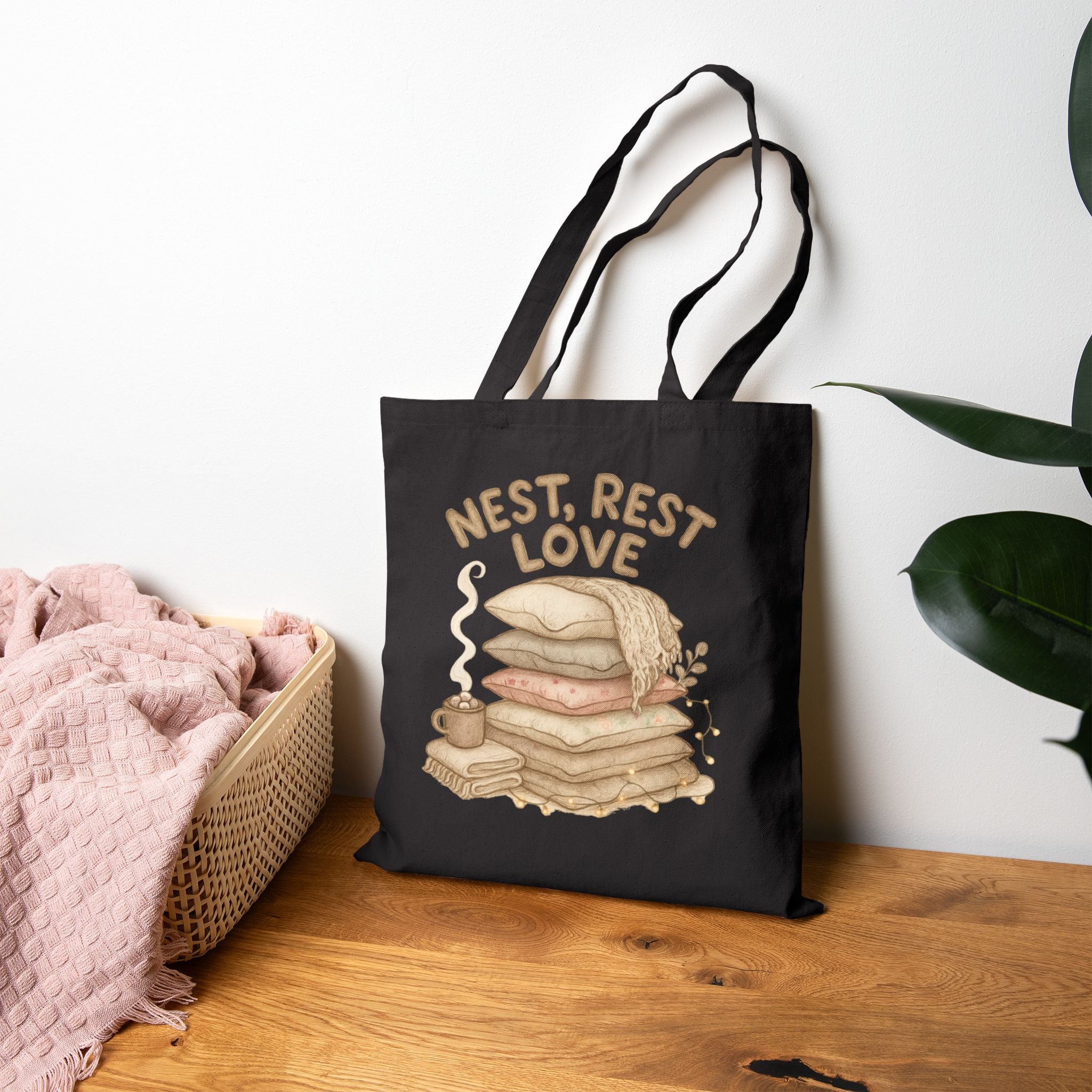 Cotton Tote Bag - Nest Rest Love Cozy Pillow Stack Eco