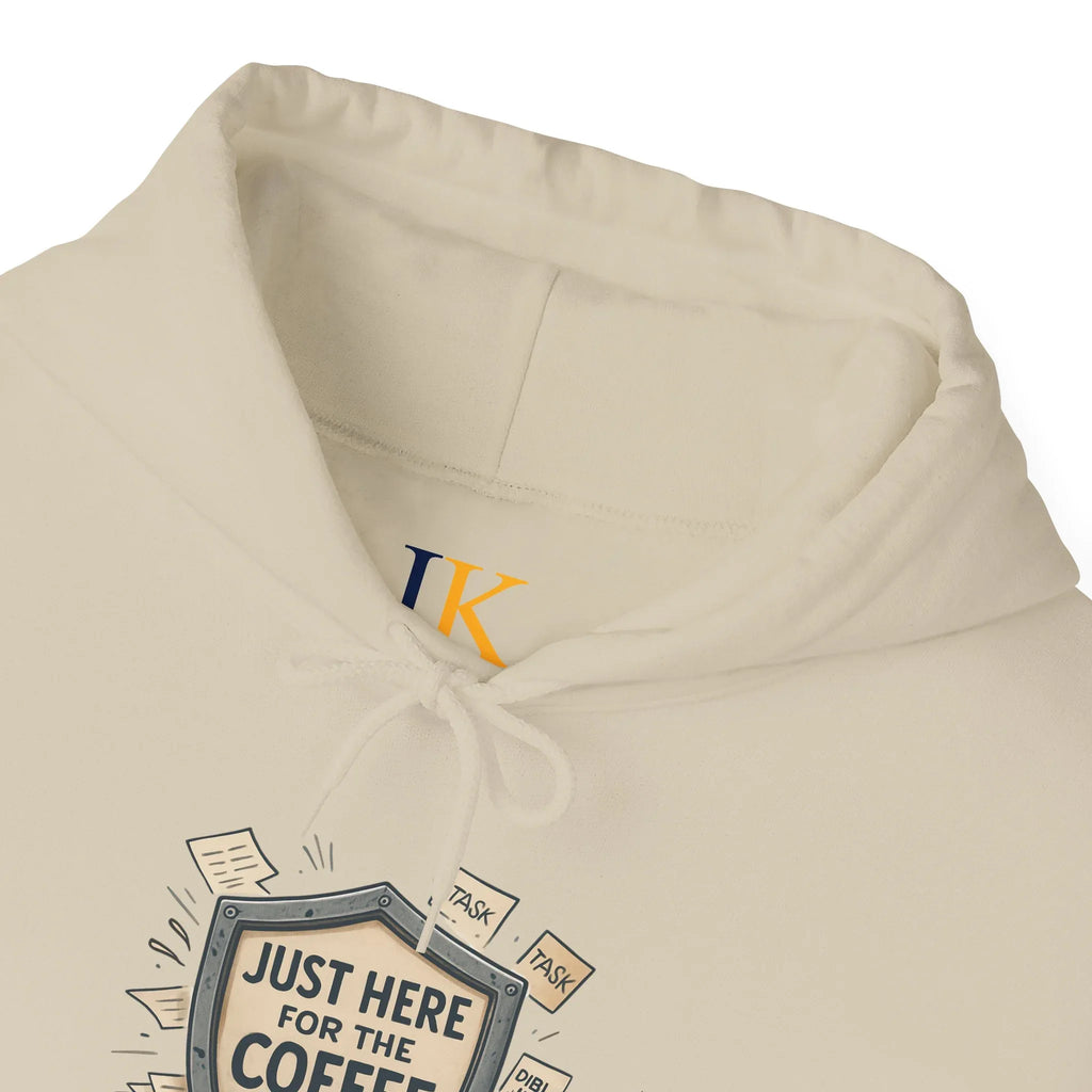 Coffee Lover Hoodie – “Just Here for the Coffee” Vintage Badge Pullover - JK Kreatives