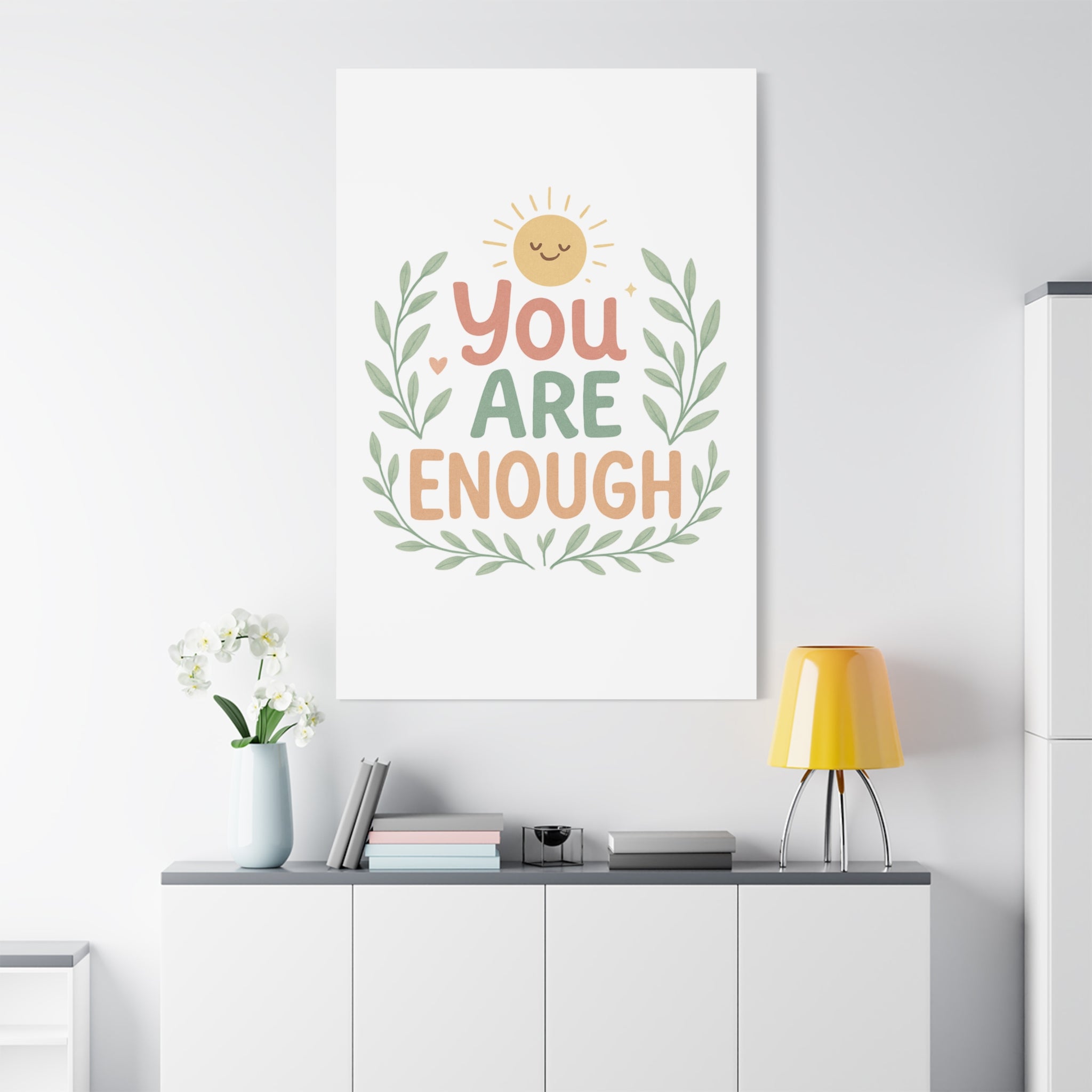You Are Enough Canvas Wall Art — Positive Motivational Sun & Laurel Print