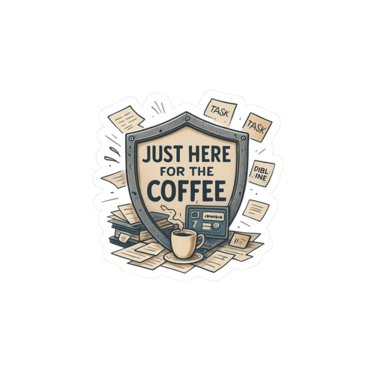 Just Here for the Coffee Kiss-Cut Sticker — Retro Coffee Badge Laptop Decal