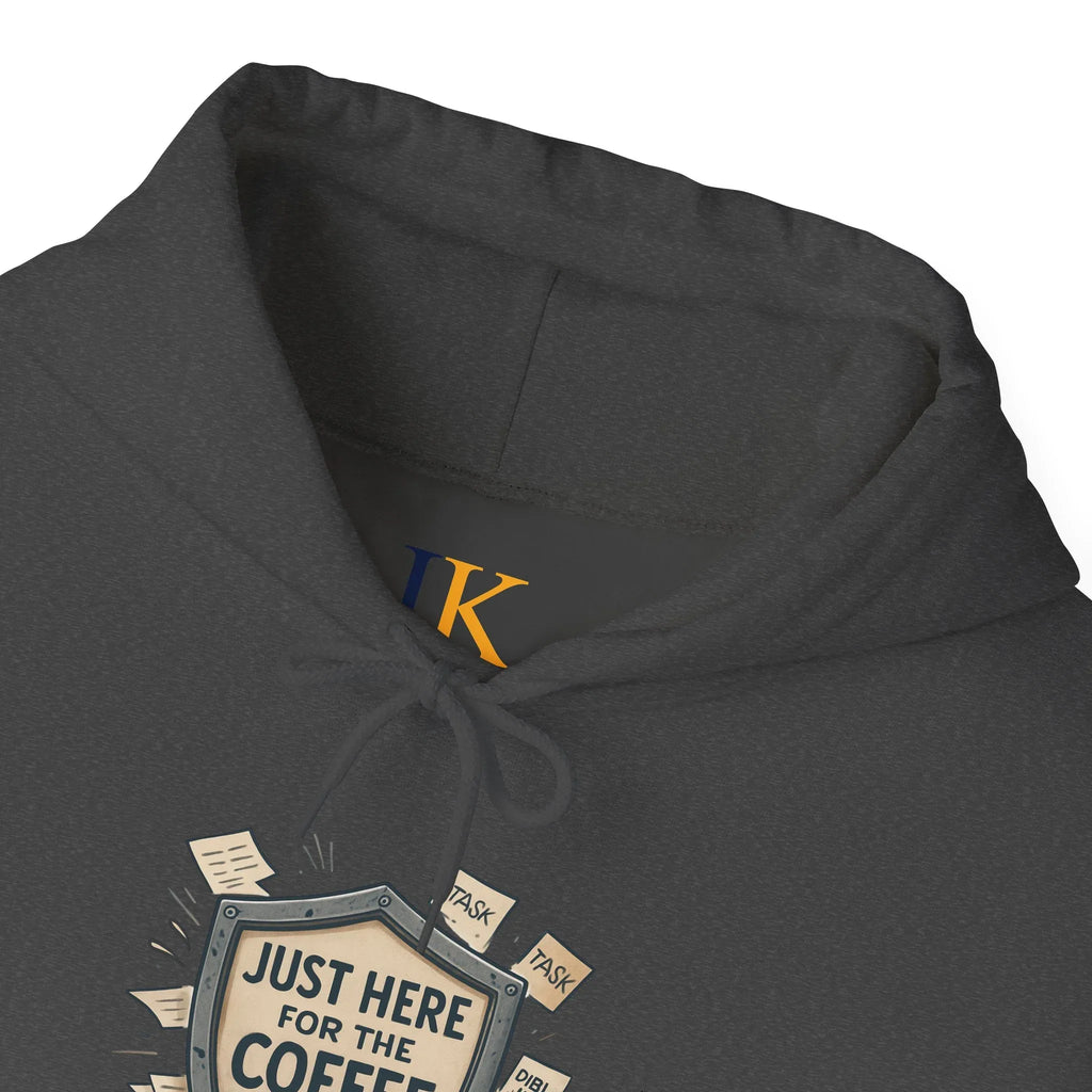 Coffee Lover Hoodie – “Just Here for the Coffee” Vintage Badge Pullover - JK Kreatives