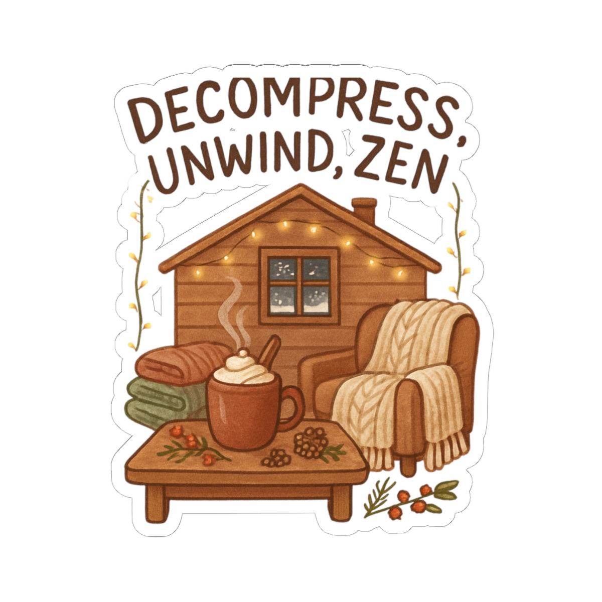 Cozy Cabin 'Decompress, Unwind, Zen' Kiss-Cut Sticker
