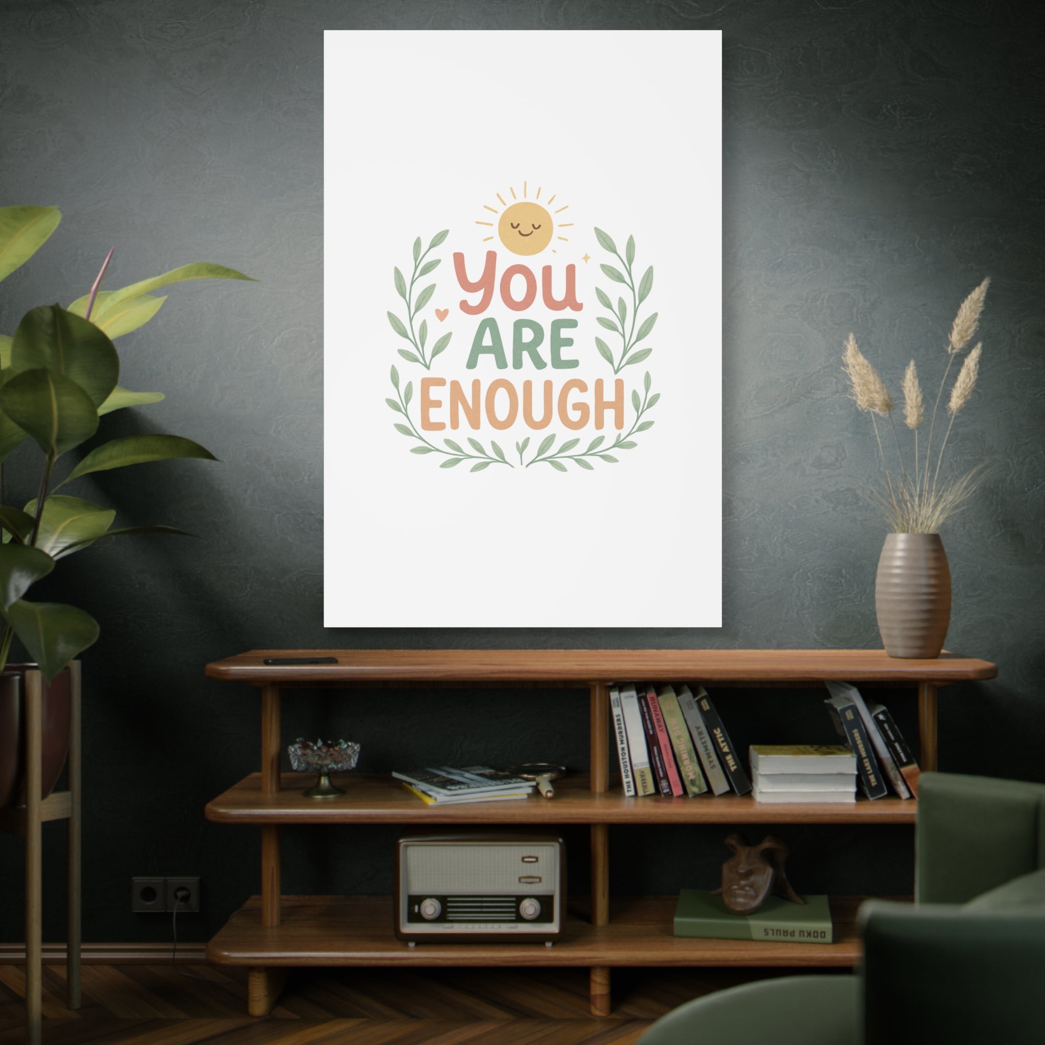 You Are Enough Canvas Wall Art — Positive Motivational Sun & Laurel Print