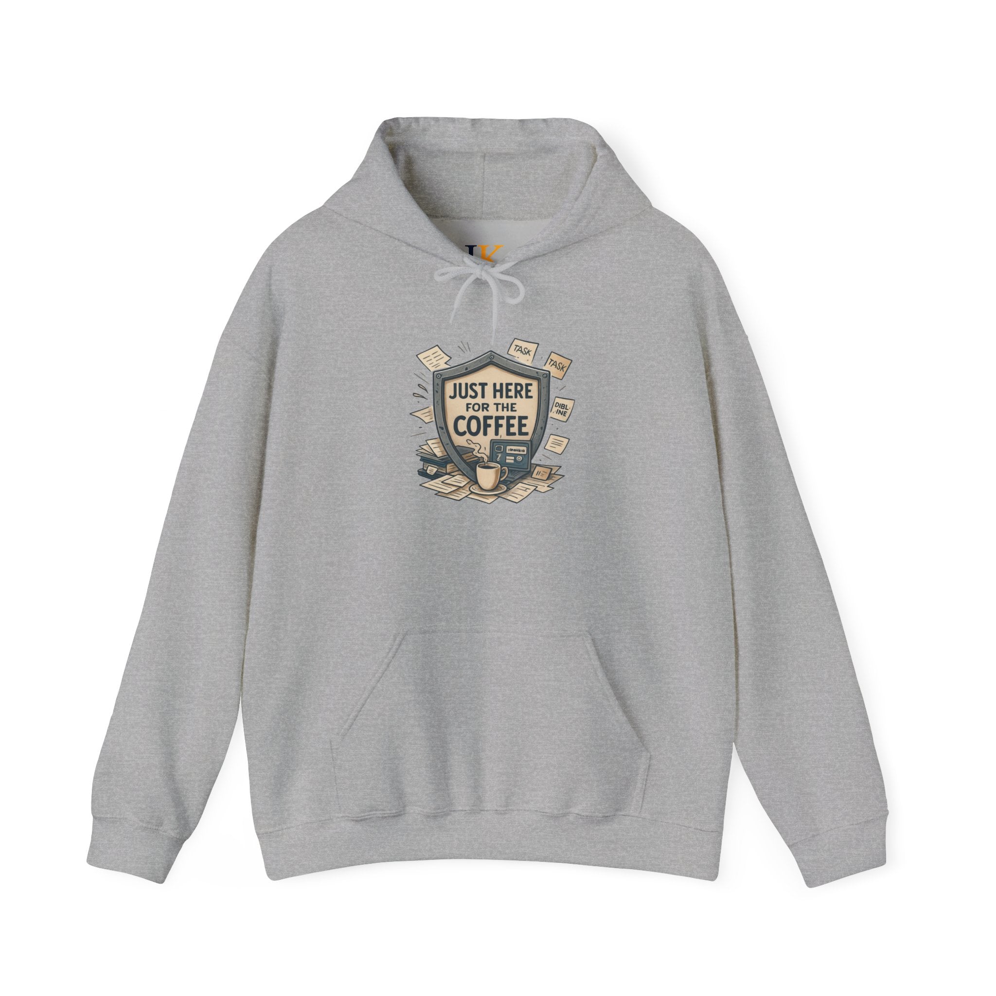 Coffee Lover Hoodie – “Just Here for the Coffee” Vintage Badge Pullover