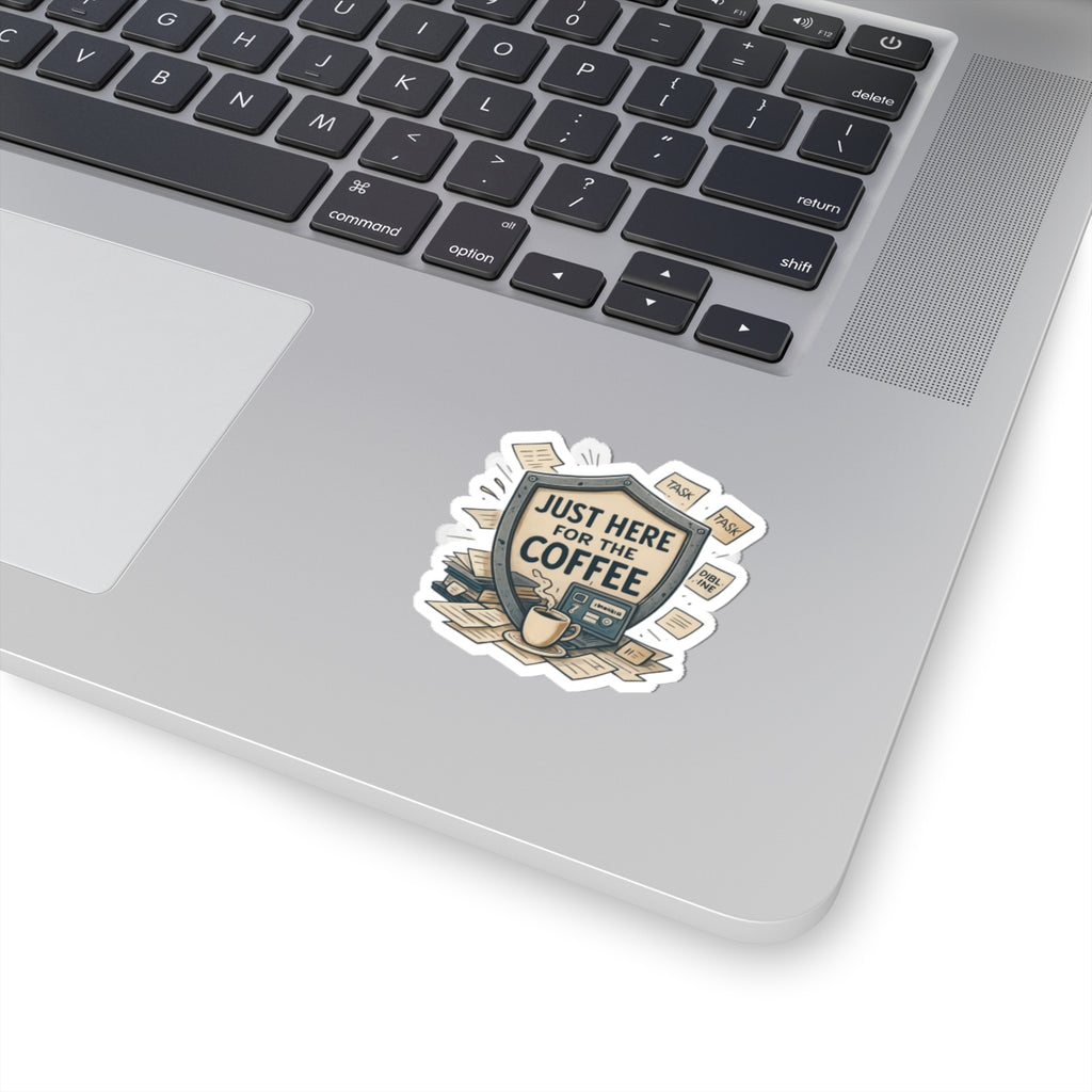 Just Here for the Coffee Kiss-Cut Sticker — Retro Coffee Badge Laptop Decal