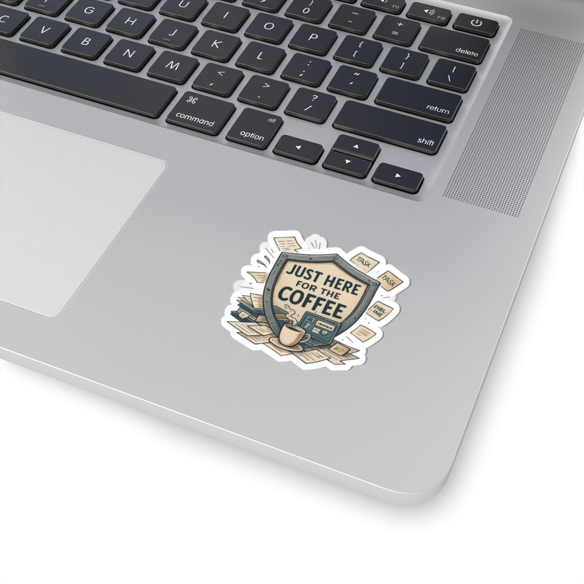 Just Here for the Coffee Kiss-Cut Sticker — Retro Coffee Badge Laptop Decal
