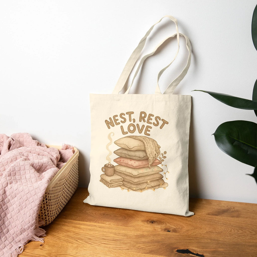 Cotton Tote Bag - Nest Rest Love Cozy Pillow Stack Eco - JK Kreatives