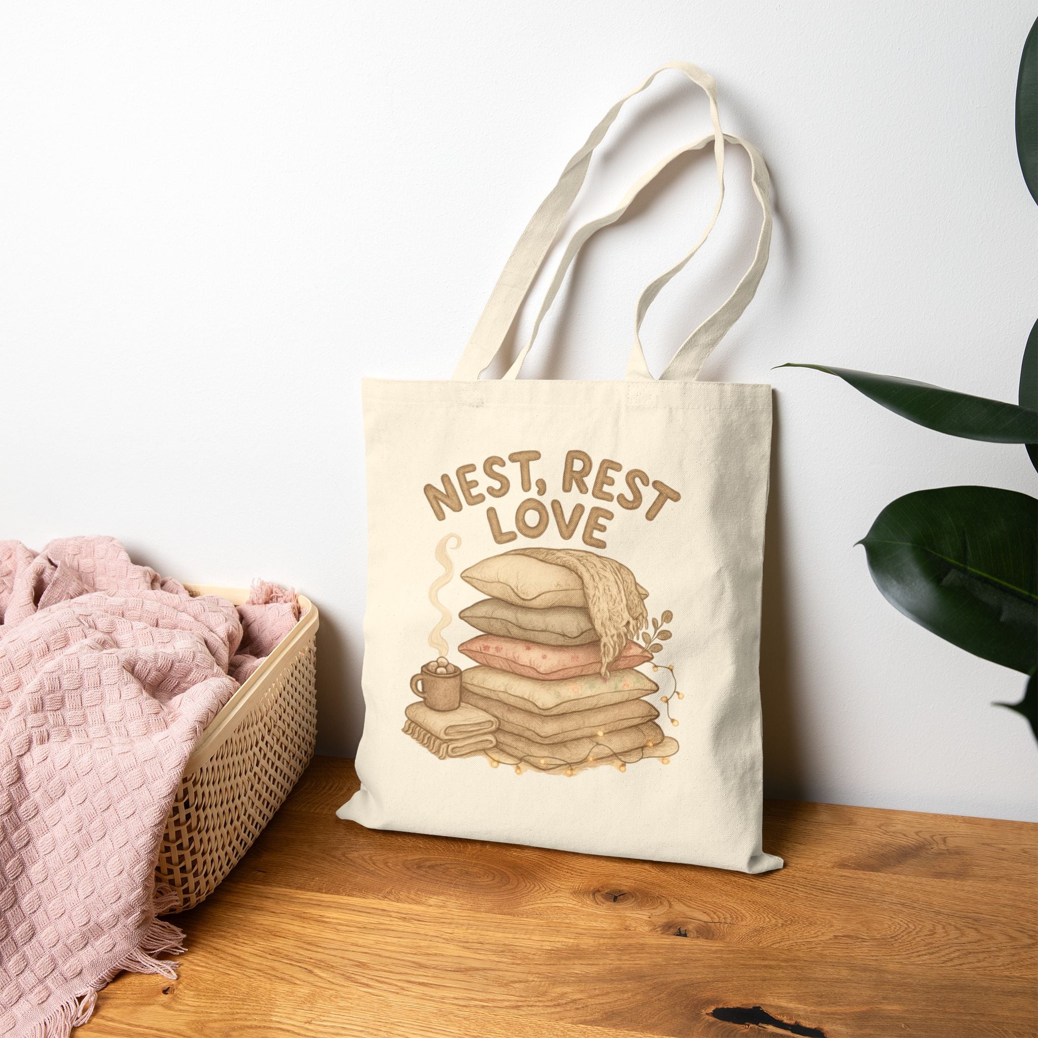 Cotton Tote Bag - Nest Rest Love Cozy Pillow Stack Eco