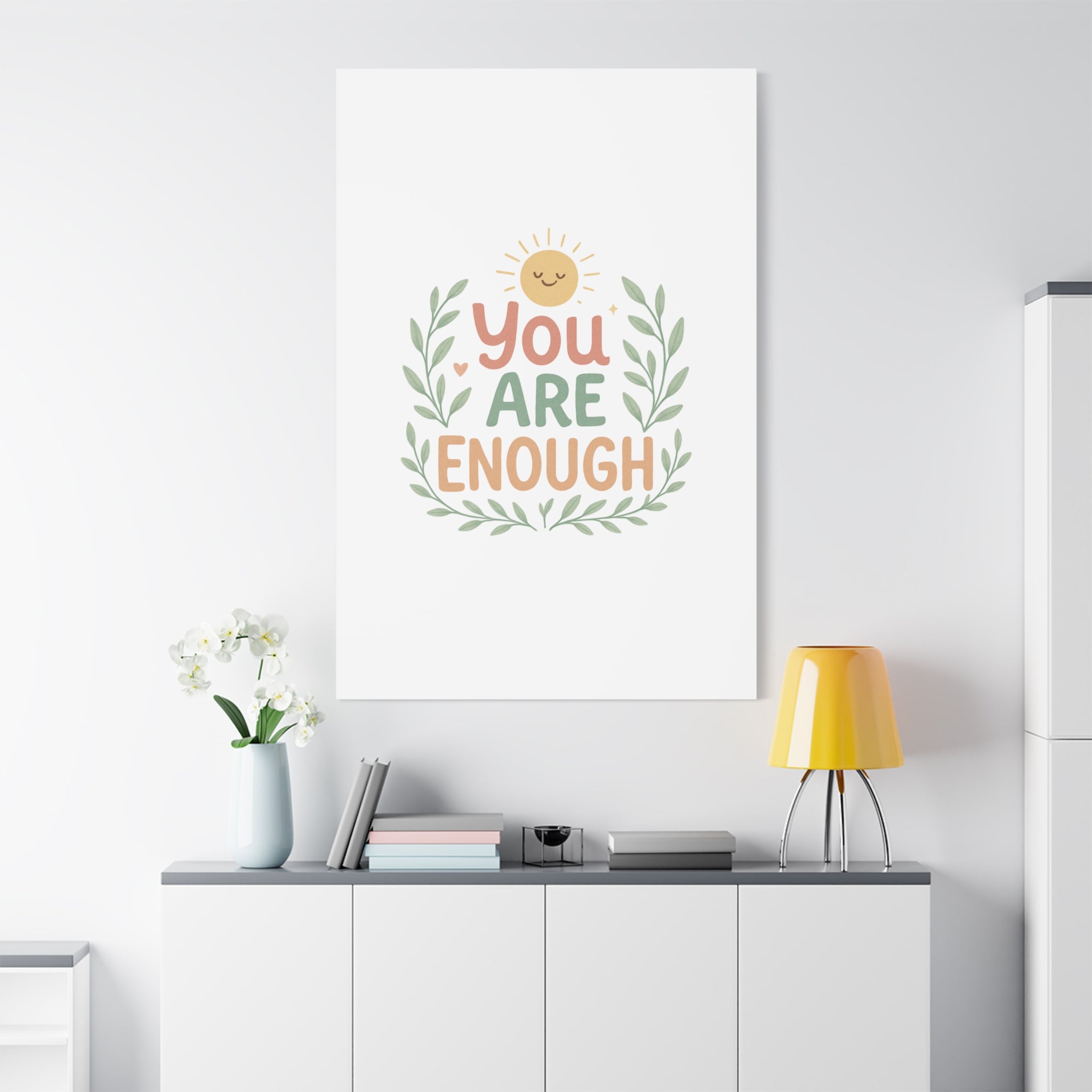 You Are Enough Canvas Wall Art — Positive Motivational Sun & Laurel Print