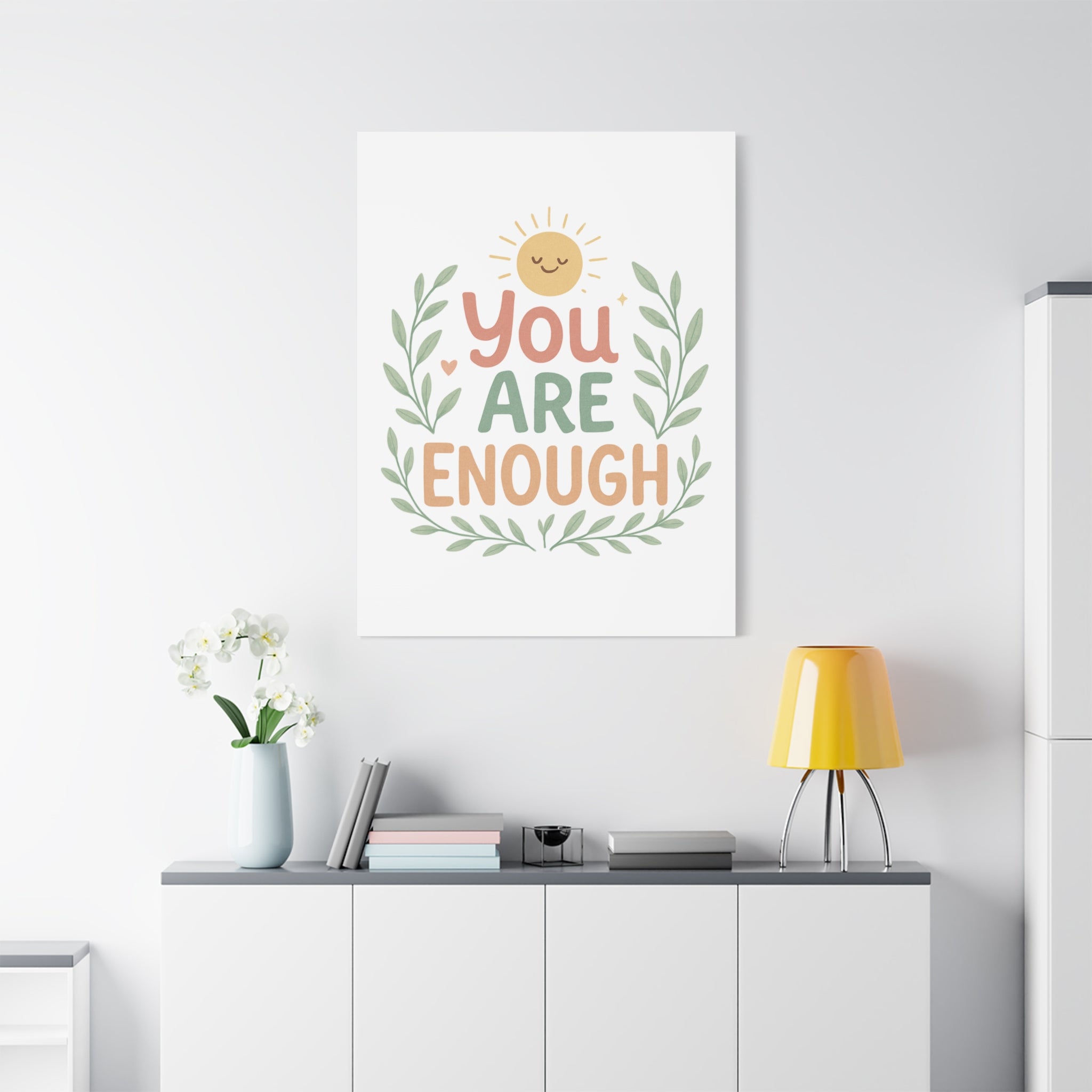 You Are Enough Canvas Wall Art — Positive Motivational Sun & Laurel Print